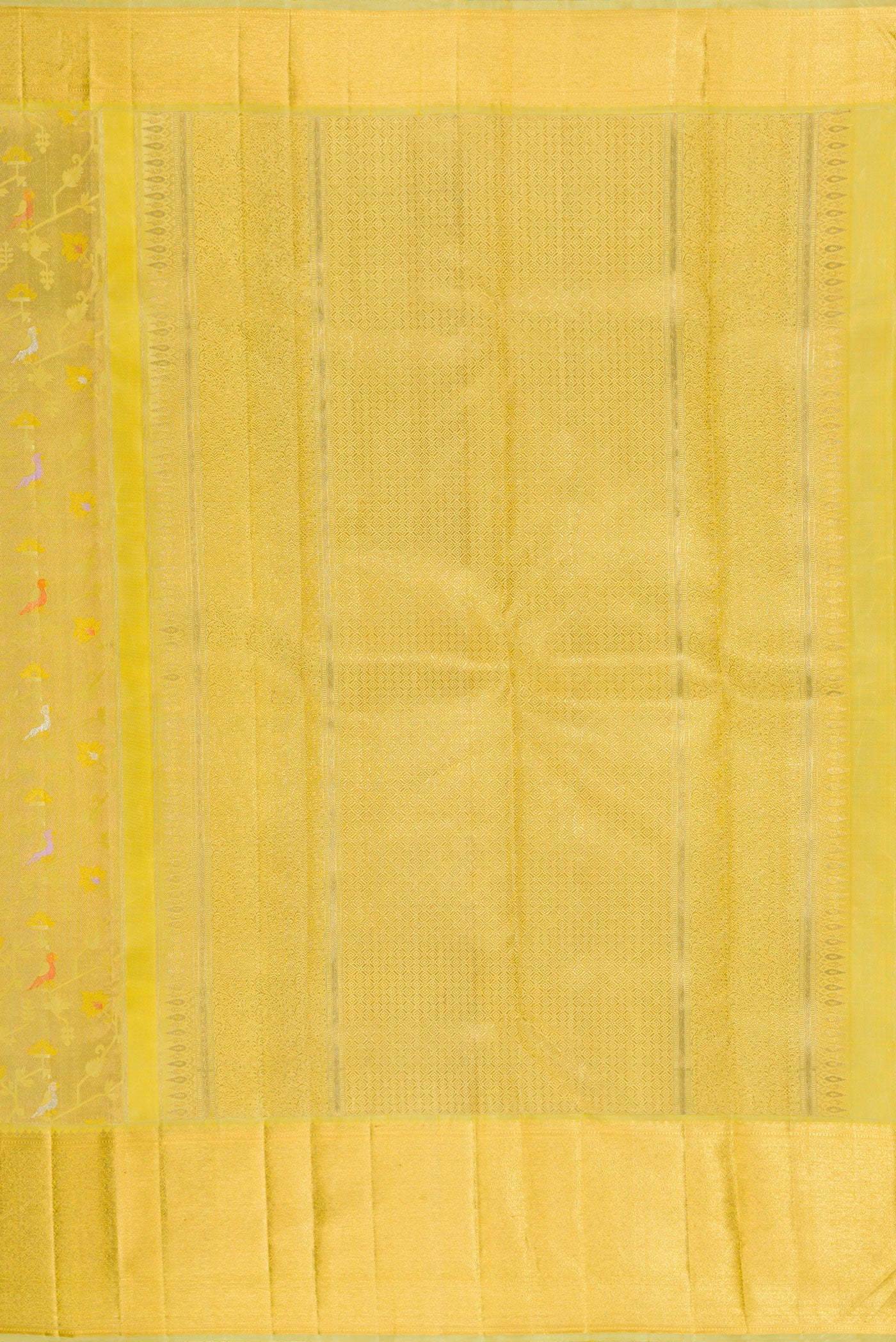 Close up image of the pallu of Pure Silk Pure Zari Pista Green Dual Tone Kanjivaram Saree with Zari Brocade on the body and Zari Border. 