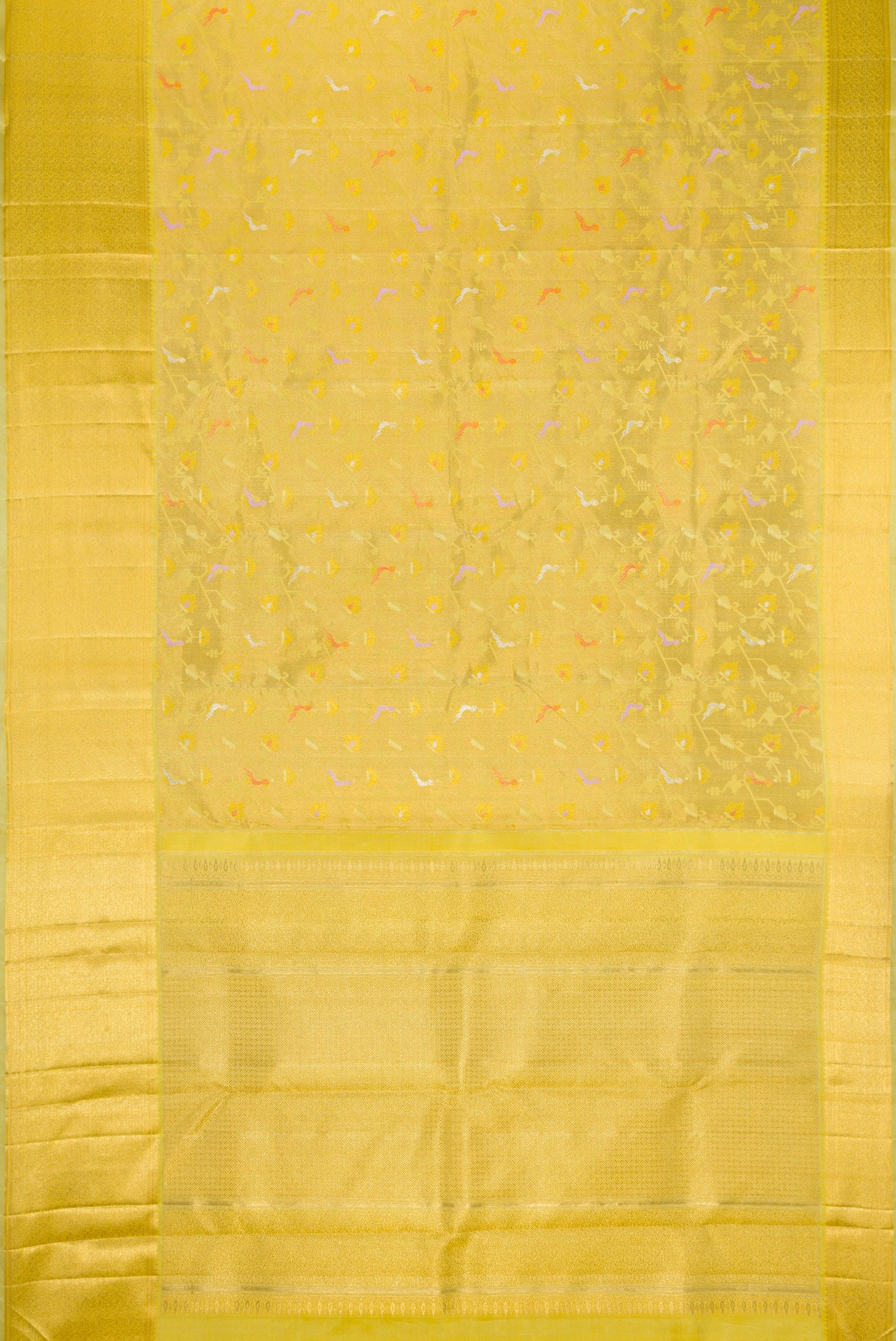 Flat view of Pure Silk Pure Zari Pista Green Dual Tone Kanjivaram Saree with Zari Brocade on the body and Zari Border. 
