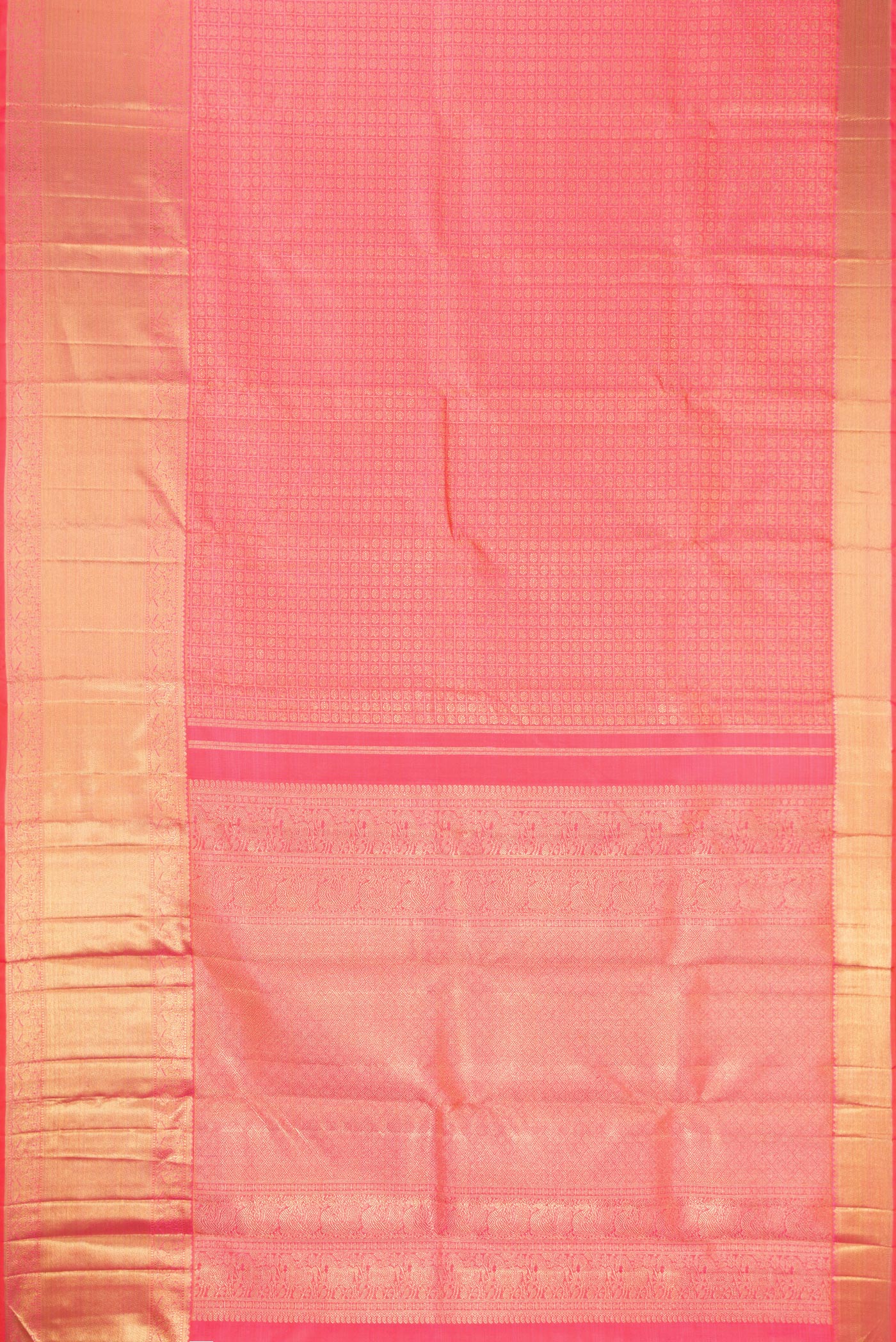 Flat view of Pure Silk Pure Zari Pink Dual Tone Kanjivaram Saree with Zari Brocade on the body and Zari Border. 