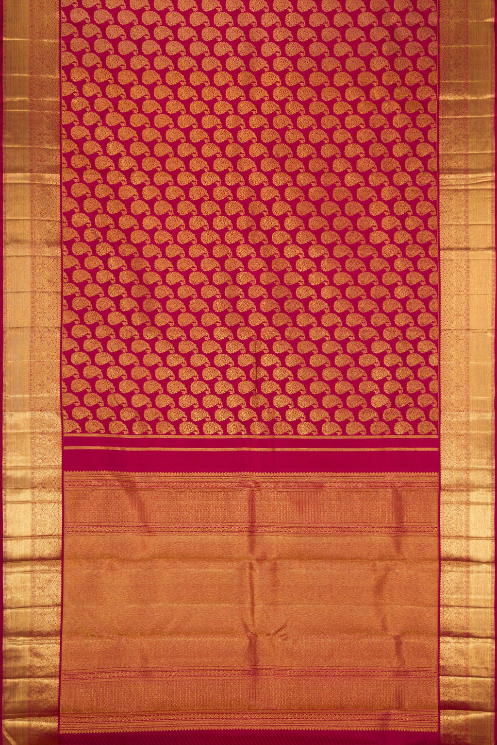 Flat view of Maroon Dual Tone Kanjivaram Silk Saree with Zari Brocade on the body and Zari Border. 