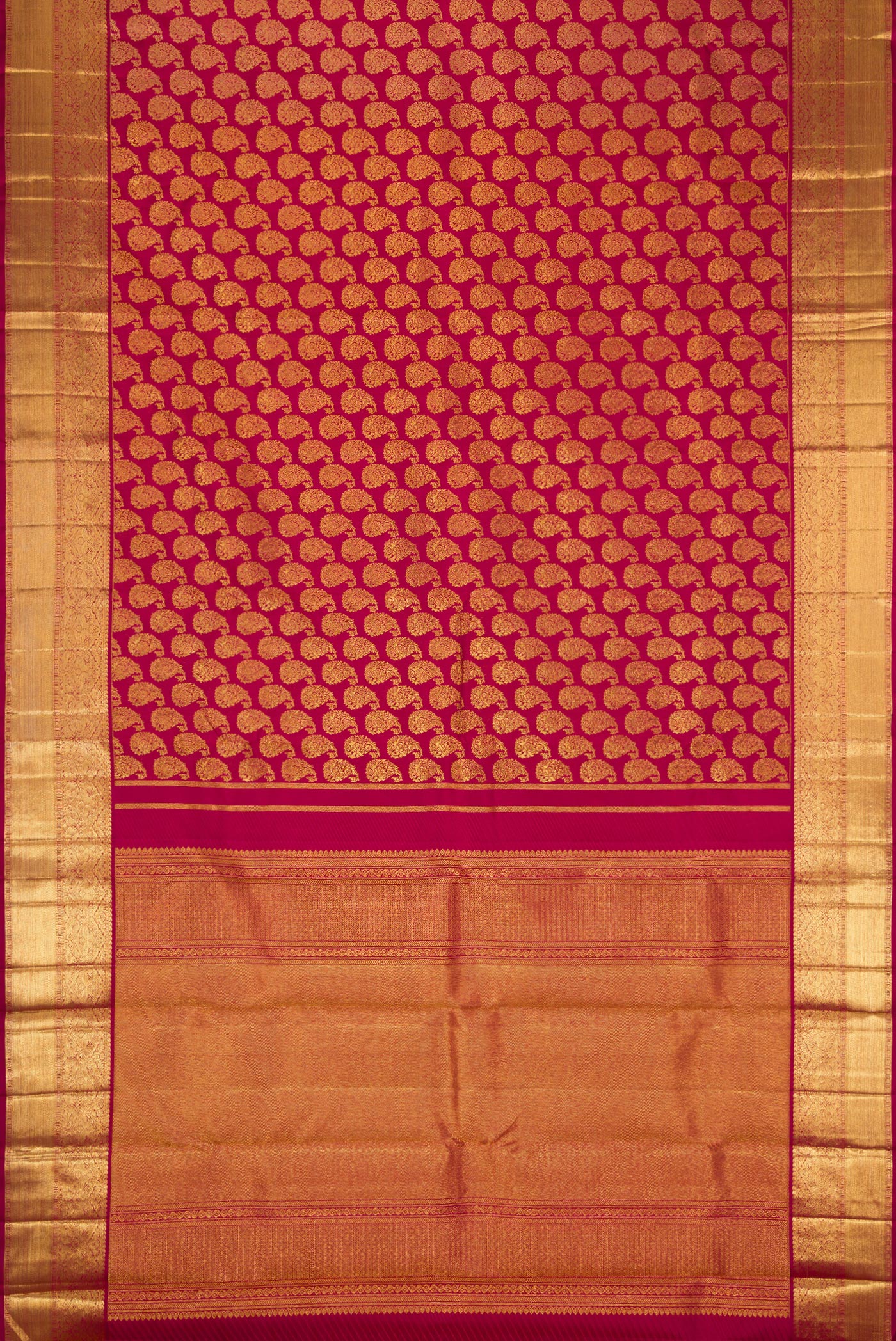 Flat view of Maroon Dual Tone Kanjivaram Silk Saree with Zari Brocade on the body and Zari Border. 