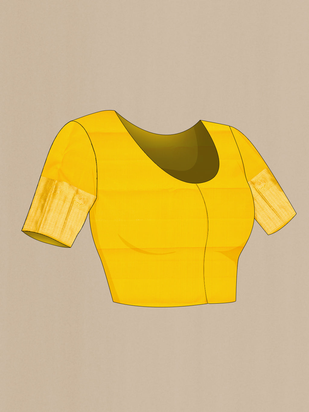 Close up image of the blouse of Yellow Dual Tone Kanjivaram Silk Saree with Zari Brocade on the body and Zari Border. 