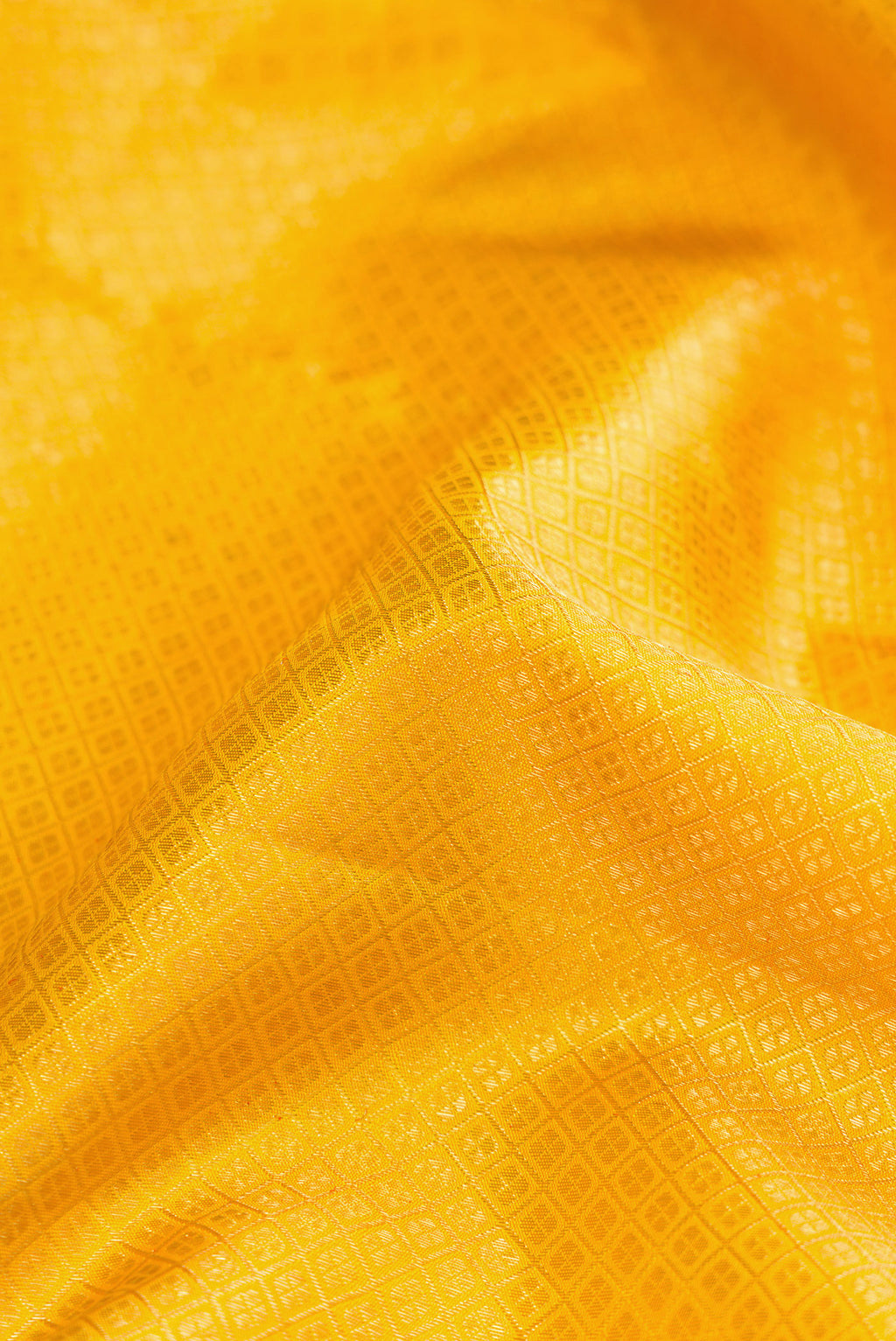 Close up of Yellow Dual Tone Kanjivaram Silk Saree with Zari Brocade on the body and Zari Border.  displaying folds