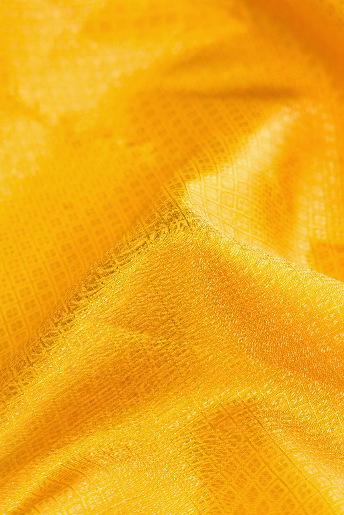 Close up of Yellow Dual Tone Kanjivaram Silk Saree with Zari Brocade on the body and Zari Border.  displaying folds