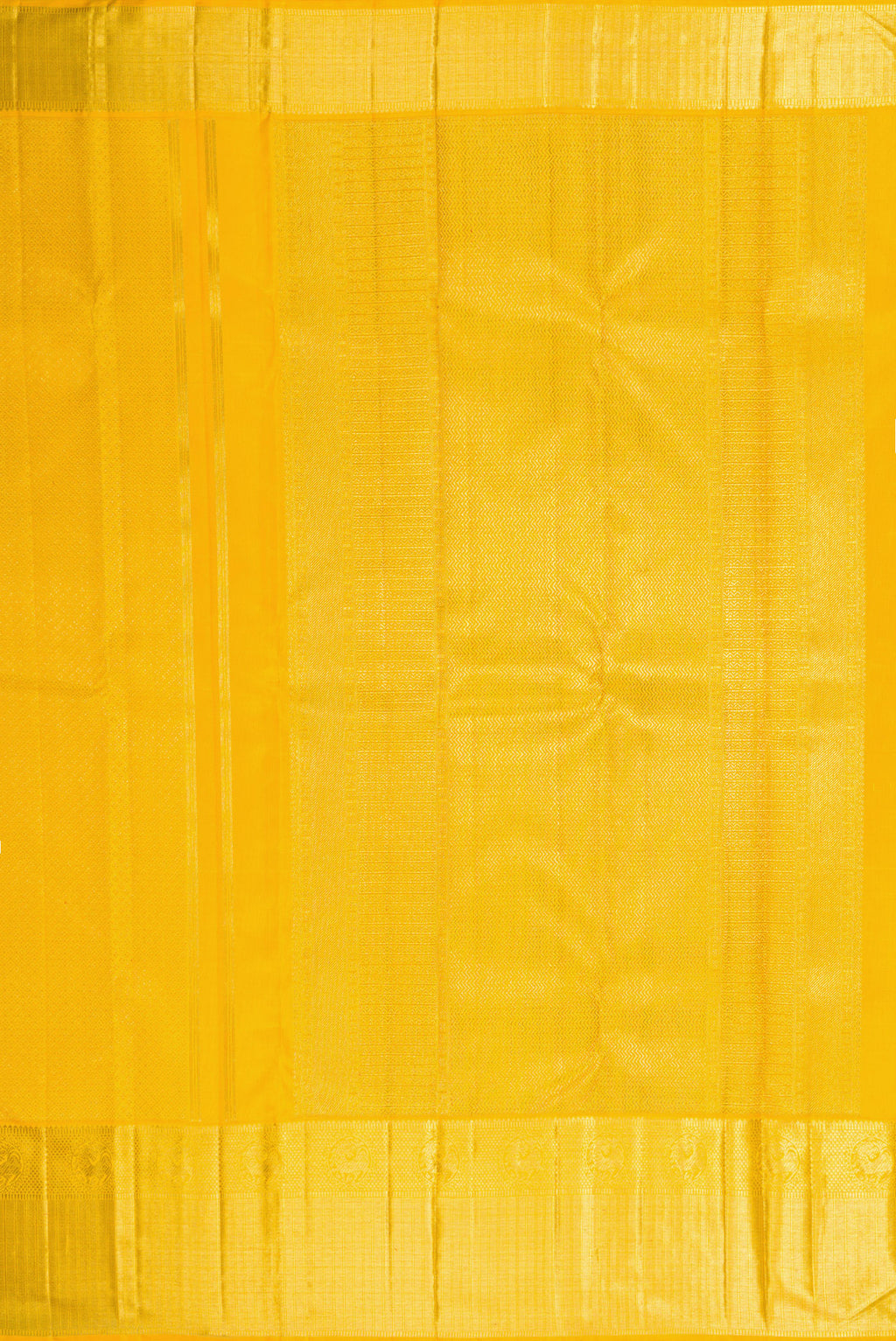 Close up image of the pallu of Yellow Dual Tone Kanjivaram Silk Saree with Zari Brocade on the body and Zari Border. 
