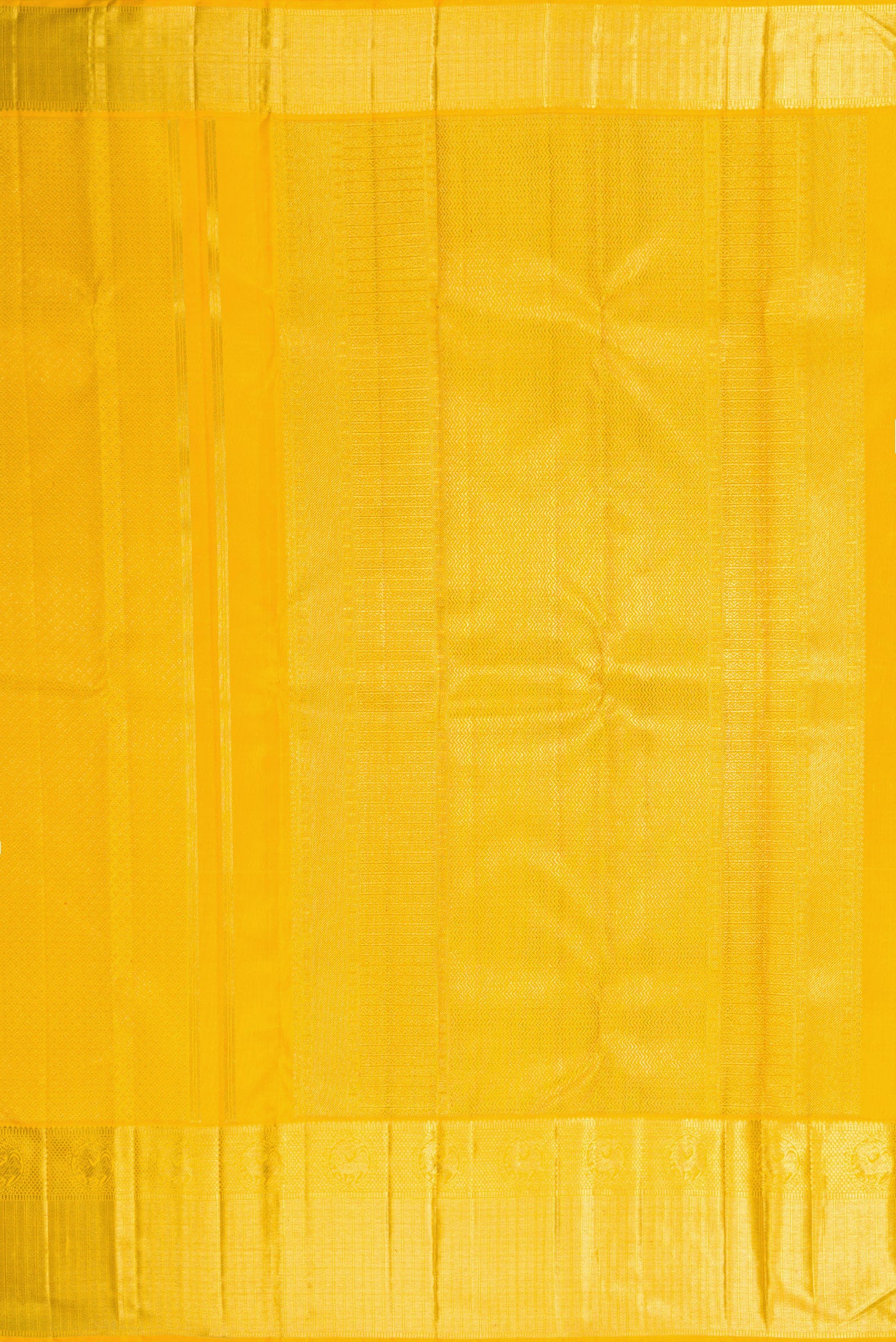 Close up image of the pallu of Yellow Dual Tone Kanjivaram Silk Saree with Zari Brocade on the body and Zari Border. 