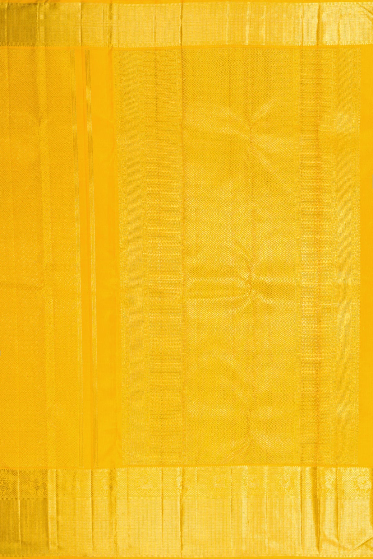 Close up image of the pallu of Yellow Dual Tone Kanjivaram Silk Saree with Zari Brocade on the body and Zari Border. 
