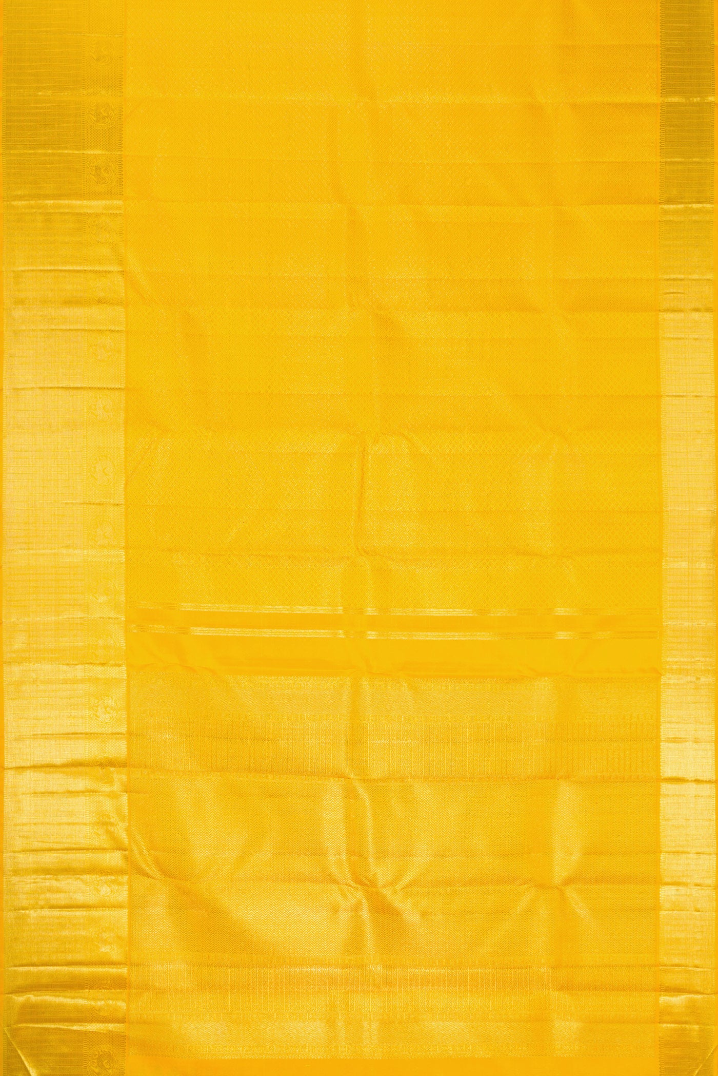 Flat view of Yellow Dual Tone Kanjivaram Silk Saree with Zari Brocade on the body and Zari Border. 