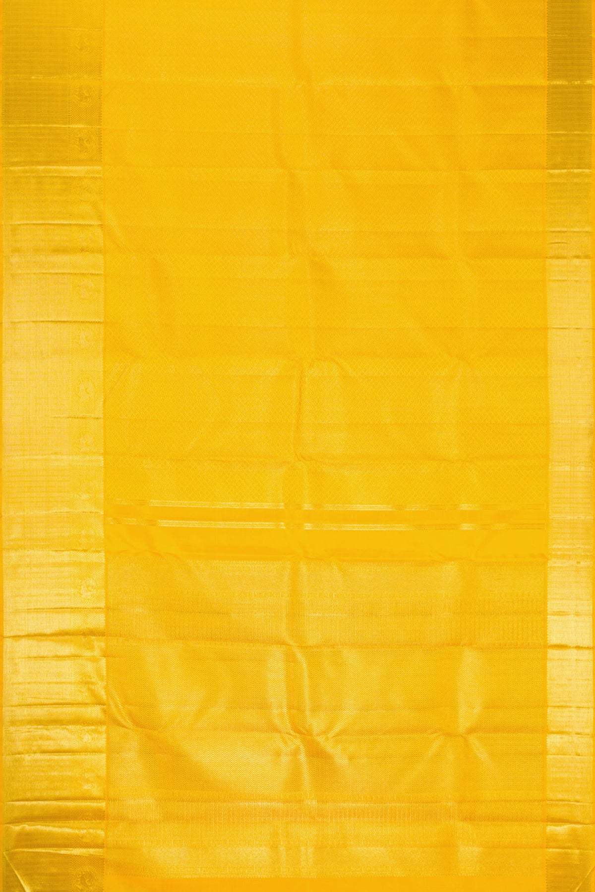 Flat view of Yellow Dual Tone Kanjivaram Silk Saree with Zari Brocade on the body and Zari Border. 