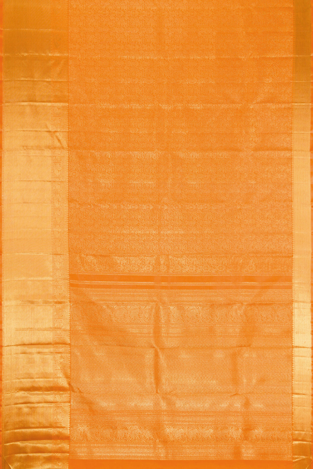 Flat view of Orange Dual Tone Kanjivaram Silk Saree with Zari Brocade on the body and Zari Border. 