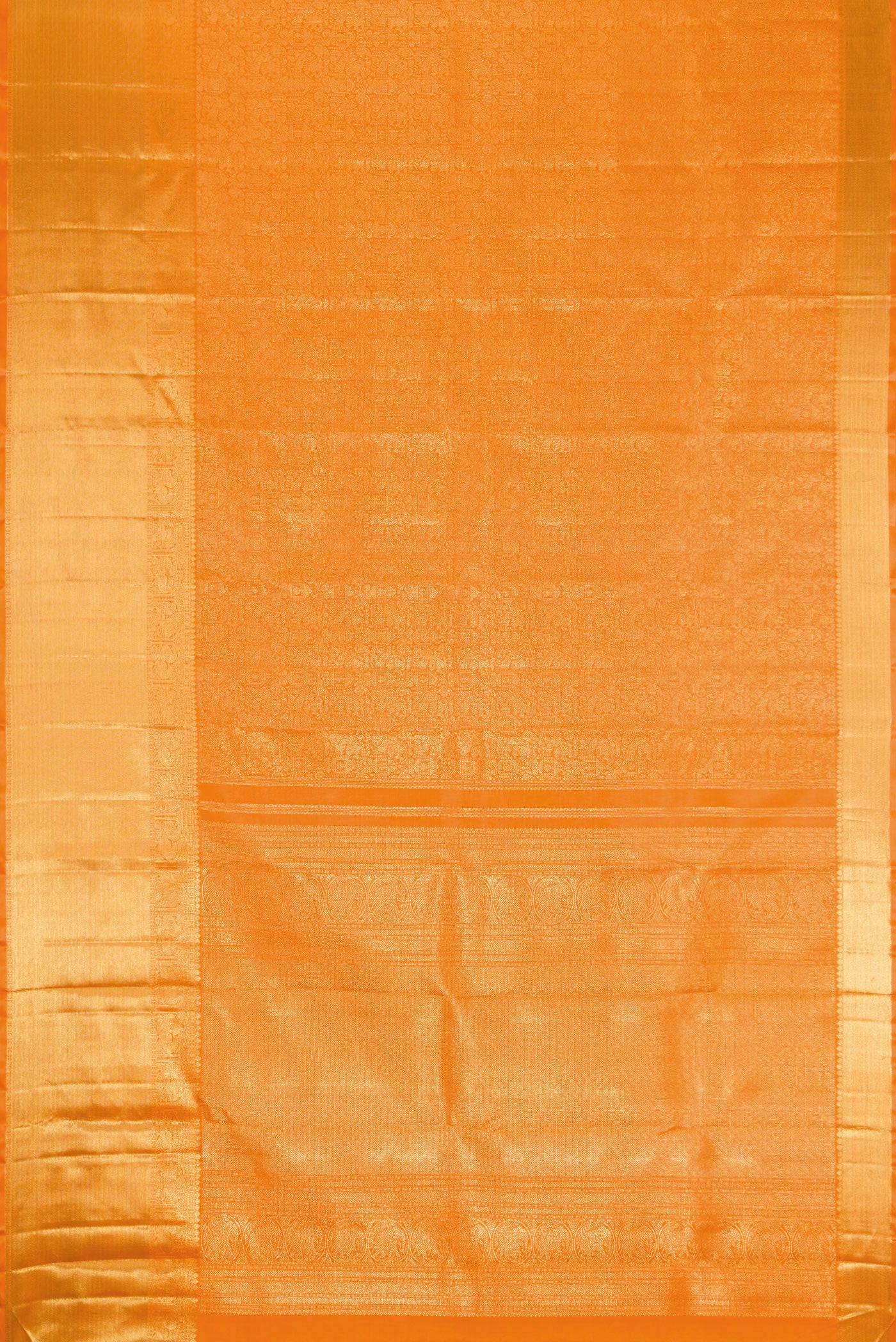 Flat view of Orange Dual Tone Kanjivaram Silk Saree with Zari Brocade on the body and Zari Border. 