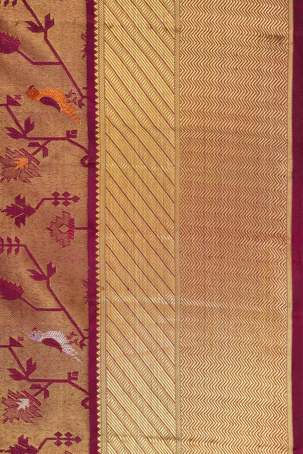 Border image of Pure Silk Pure Zari Burgundy Dual Tone Kanjivaram Saree with Zari Brocade on the body and Zari Border. 