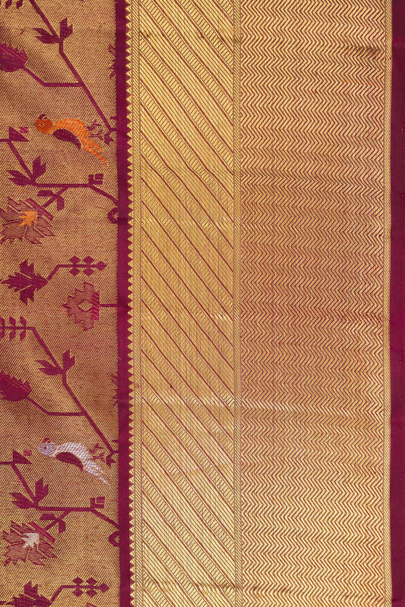 Border image of Pure Silk Pure Zari Burgundy Dual Tone Kanjivaram Saree with Zari Brocade on the body and Zari Border. 