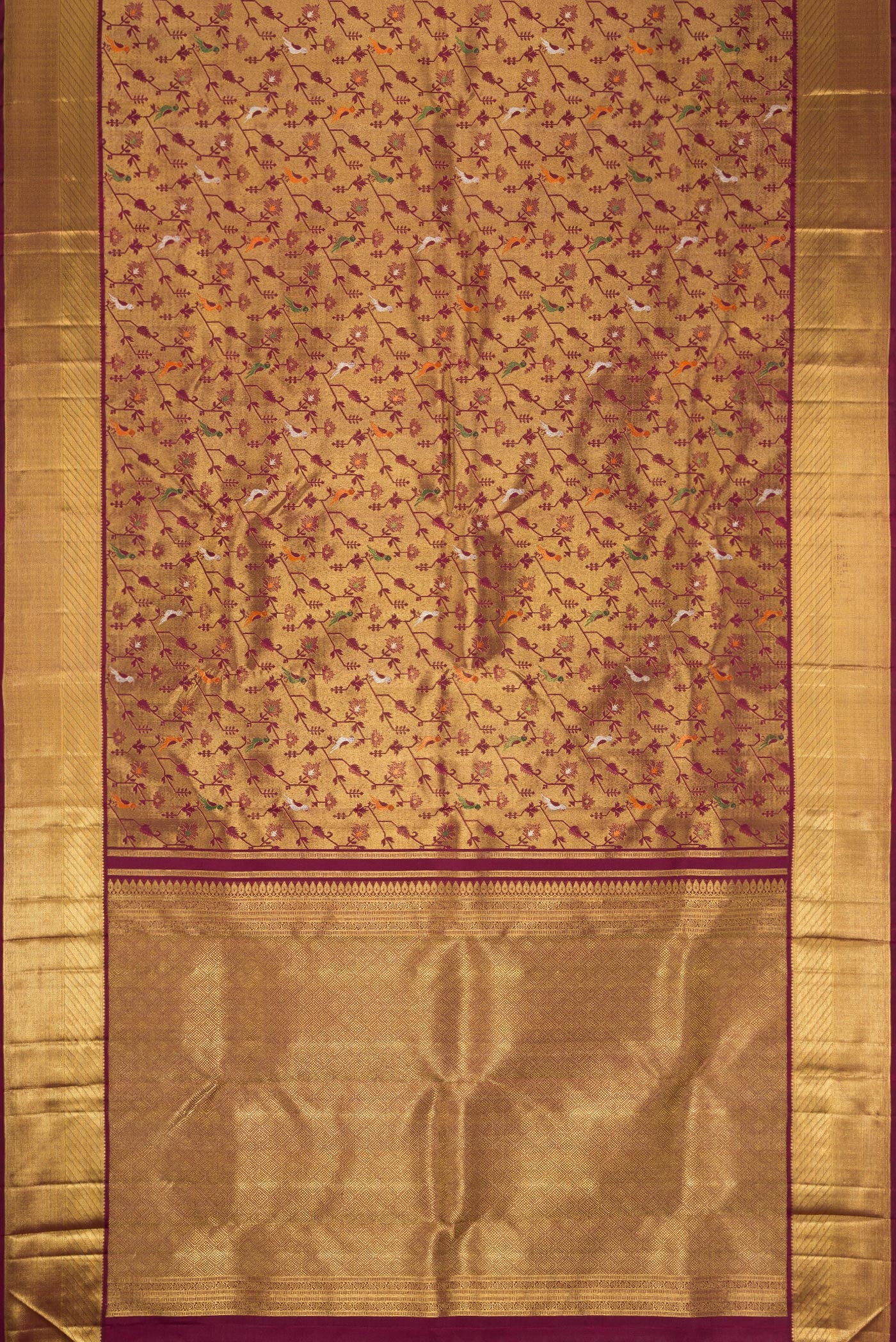 Flat view of Pure Silk Pure Zari Burgundy Dual Tone Kanjivaram Saree with Zari Brocade on the body and Zari Border. 