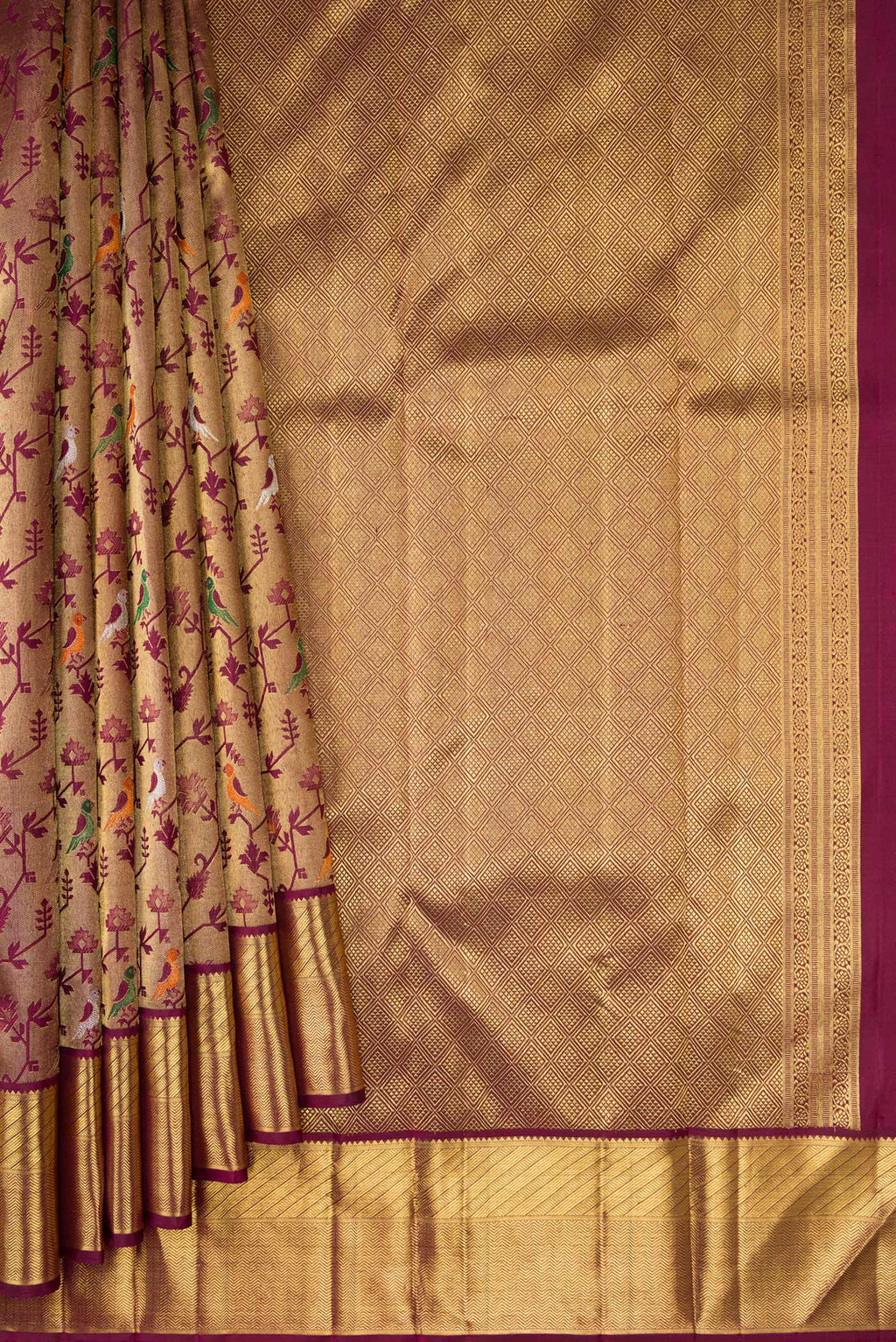 Pleats and pallu of Pure Silk Pure Zari Burgundy Dual Tone Kanjivaram Saree with Zari Brocade on the body and Zari Border. 