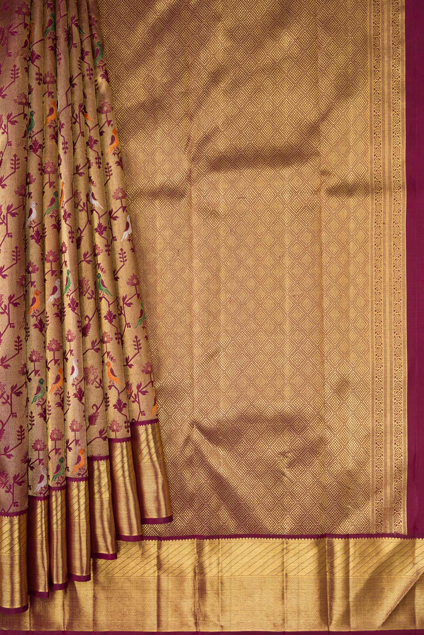 Pleats and pallu of Pure Silk Pure Zari Burgundy Dual Tone Kanjivaram Saree with Zari Brocade on the body and Zari Border. 