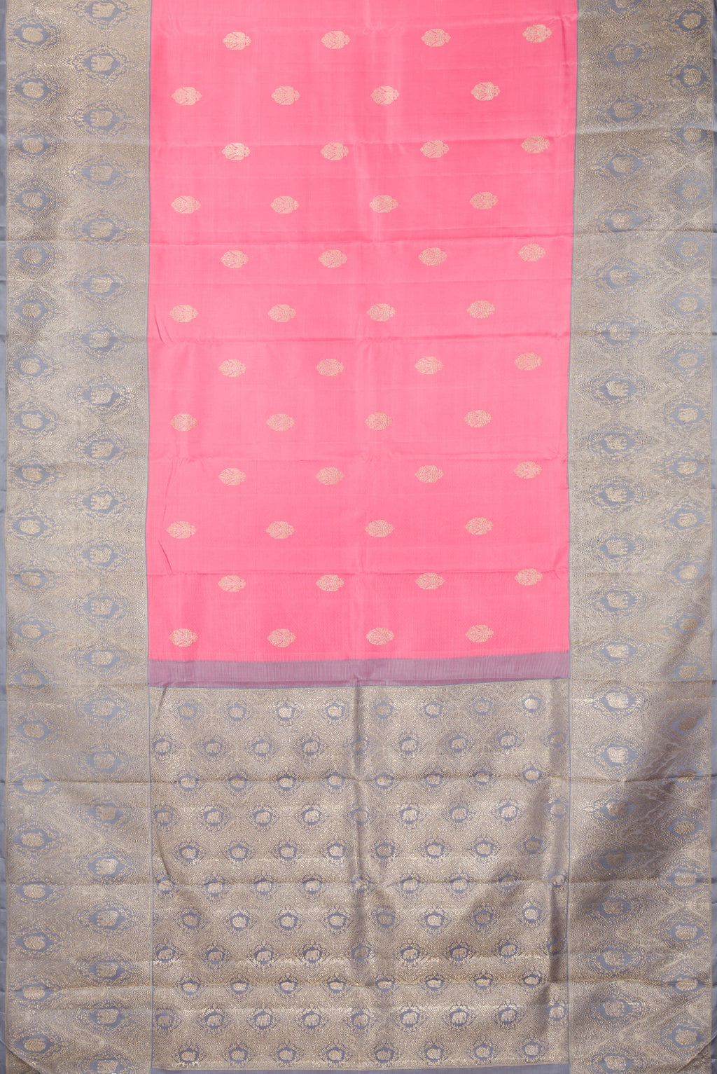 Flat view of Pure Silk Pure Zari Pink Kanjivaram Saree with Zari Butta on the body and Fancy Border. 