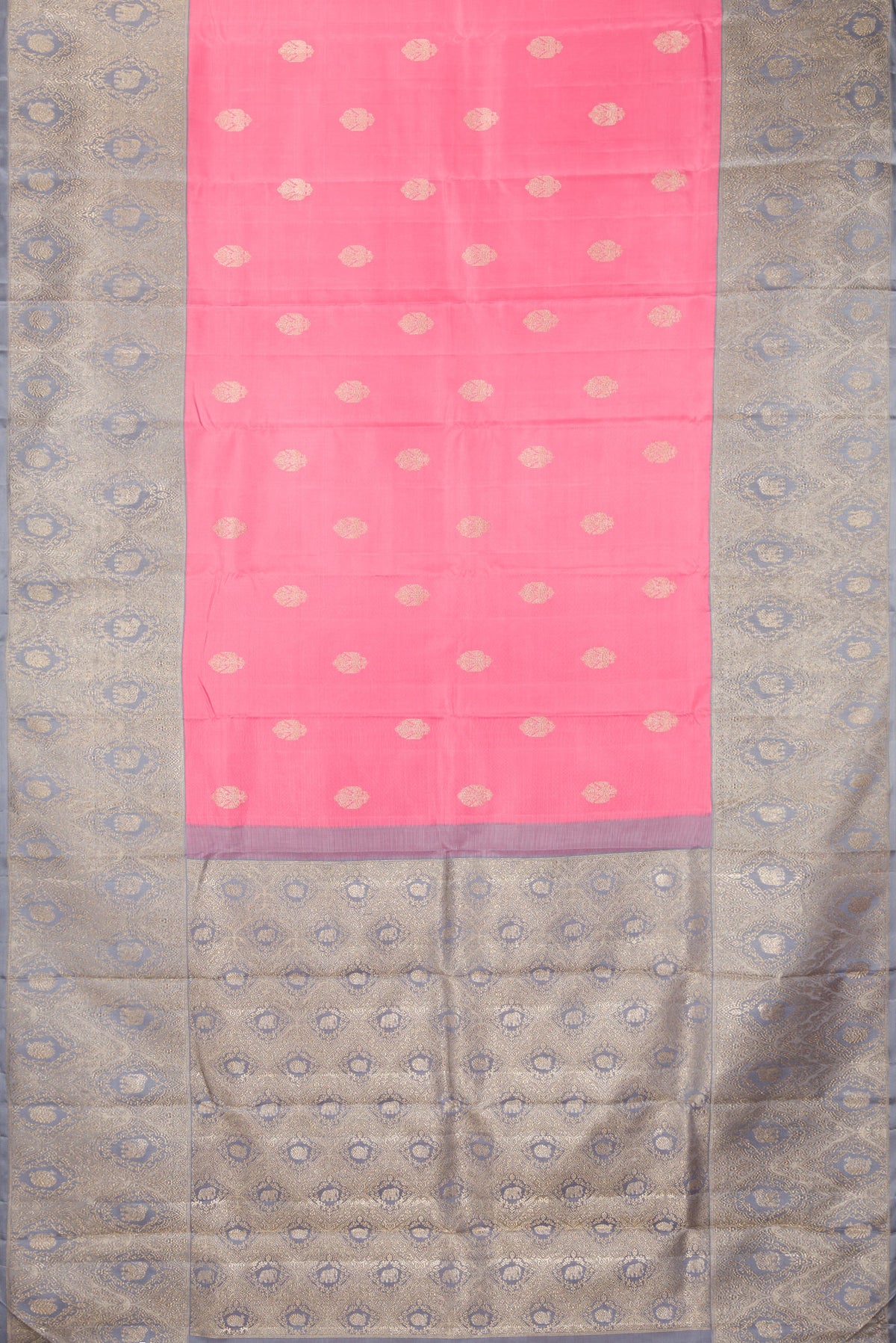 Flat view of Pure Silk Pure Zari Pink Kanjivaram Saree with Zari Butta on the body and Fancy Border. 