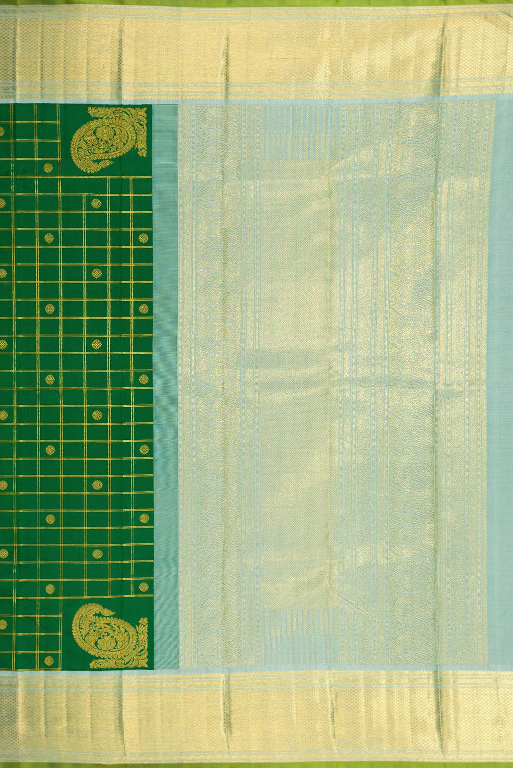 Close up image of the pallu of Pure Silk Pure Zari Green Kanjivaram Saree with Checked design on the body and Zari Border. 