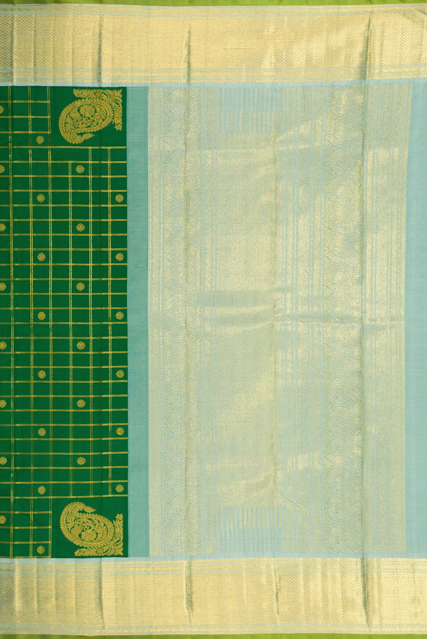 Close up image of the pallu of Pure Silk Pure Zari Green Kanjivaram Saree with Checked design on the body and Zari Border. 