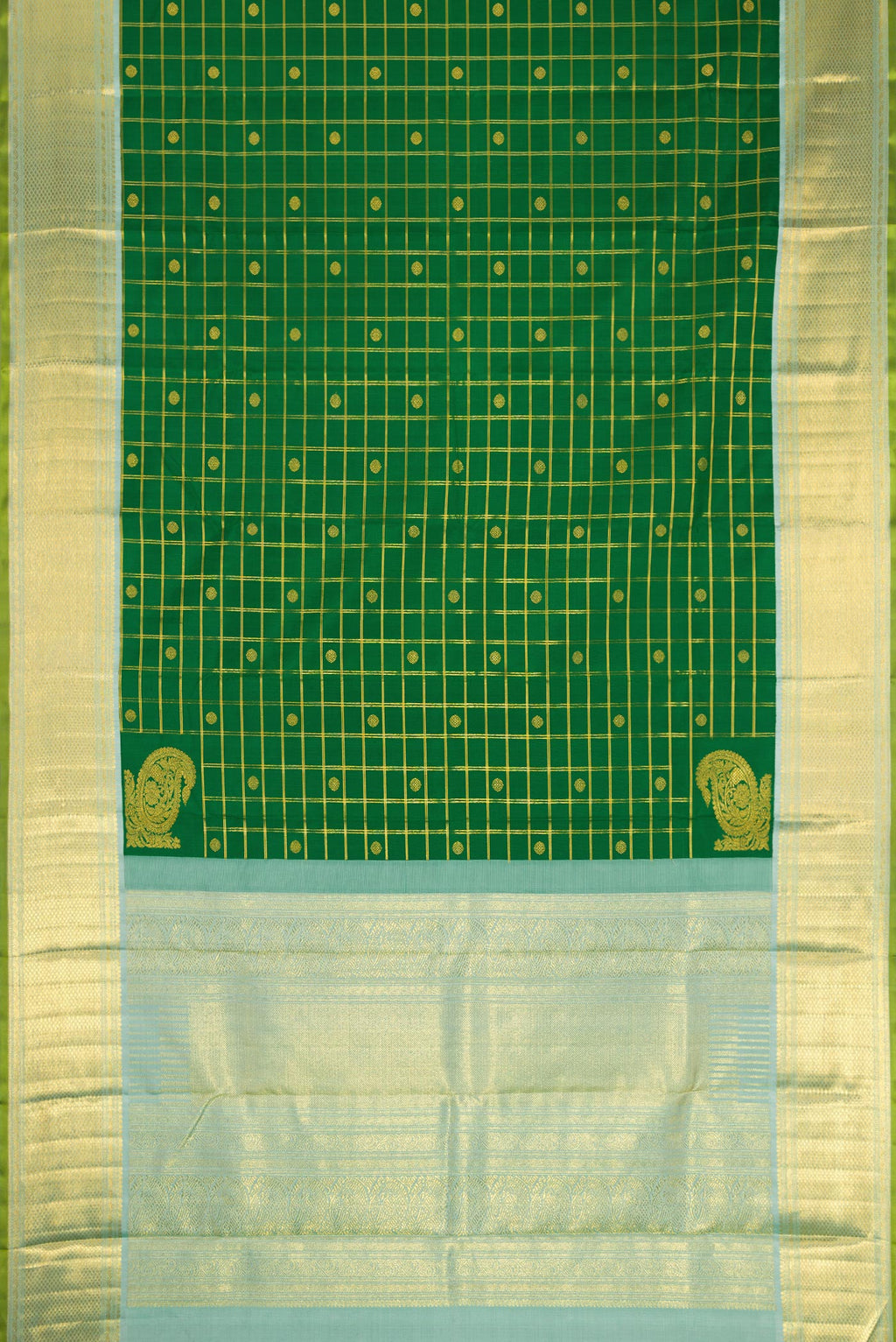 Flat view of Pure Silk Pure Zari Green Kanjivaram Saree with Checked design on the body and Zari Border. 