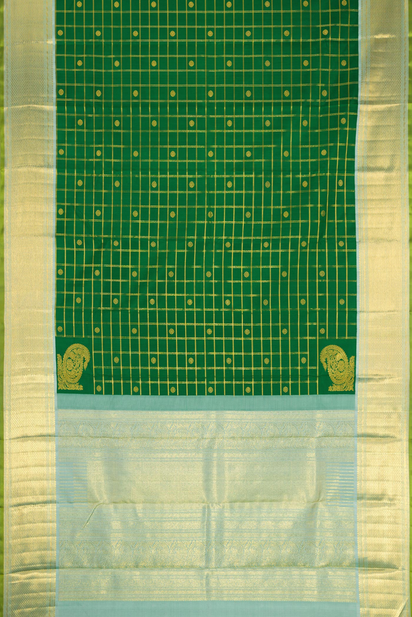 Flat view of Pure Silk Pure Zari Green Kanjivaram Saree with Checked design on the body and Zari Border. 