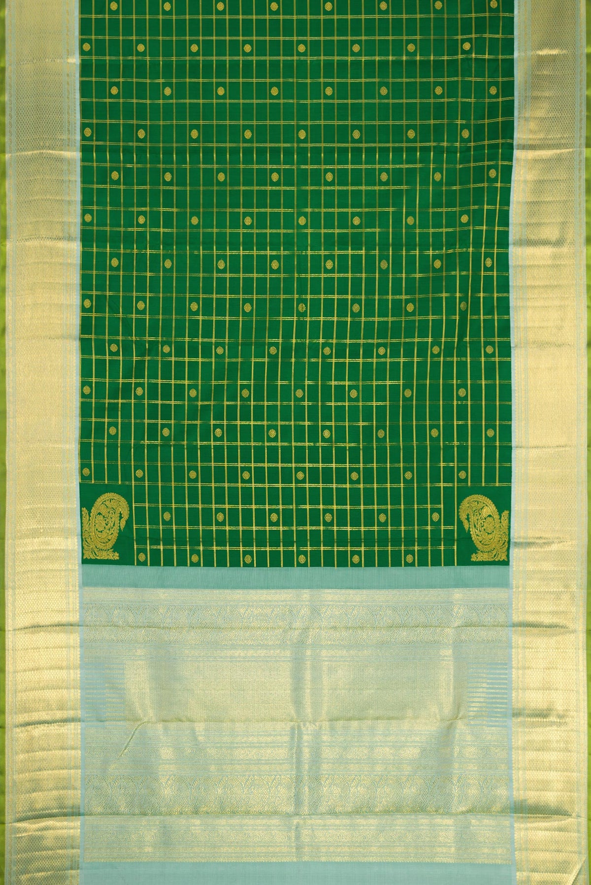 Flat view of Pure Silk Pure Zari Green Kanjivaram Saree with Checked design on the body and Zari Border. 