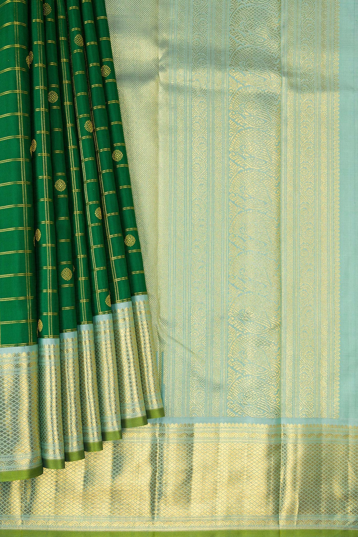 Pleats and pallu of Pure Silk Pure Zari Green Kanjivaram Saree with Checked design on the body and Zari Border. 