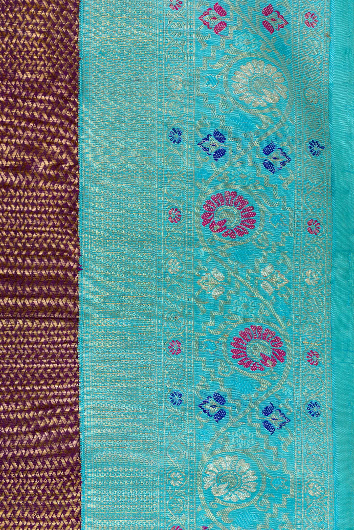 Border image of Burgundy Dual Tone Kanjivaram Silk Saree with Zari Brocade on the body and Fancy Border. 