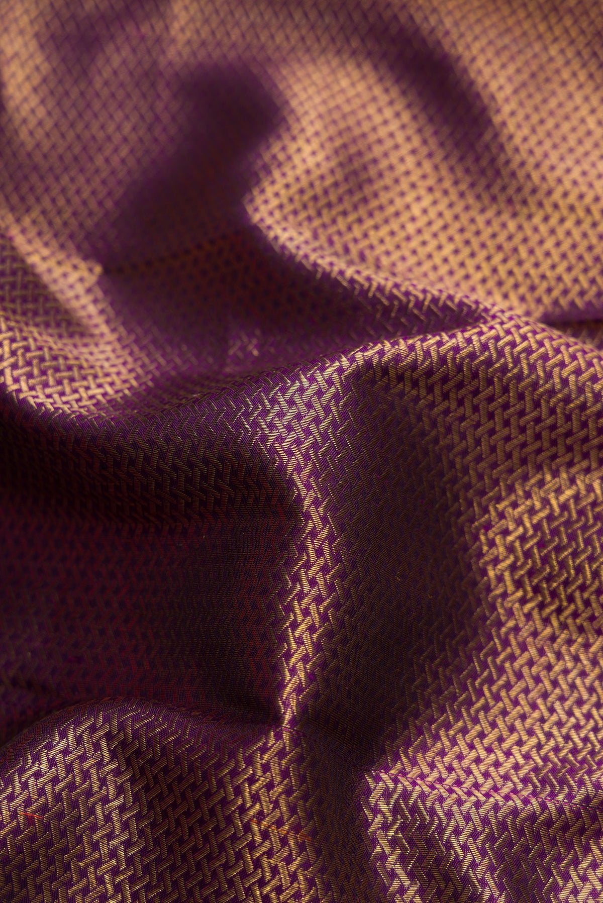 Close up of Burgundy Dual Tone Kanjivaram Silk Saree with Zari Brocade on the body and Fancy Border.  displaying folds