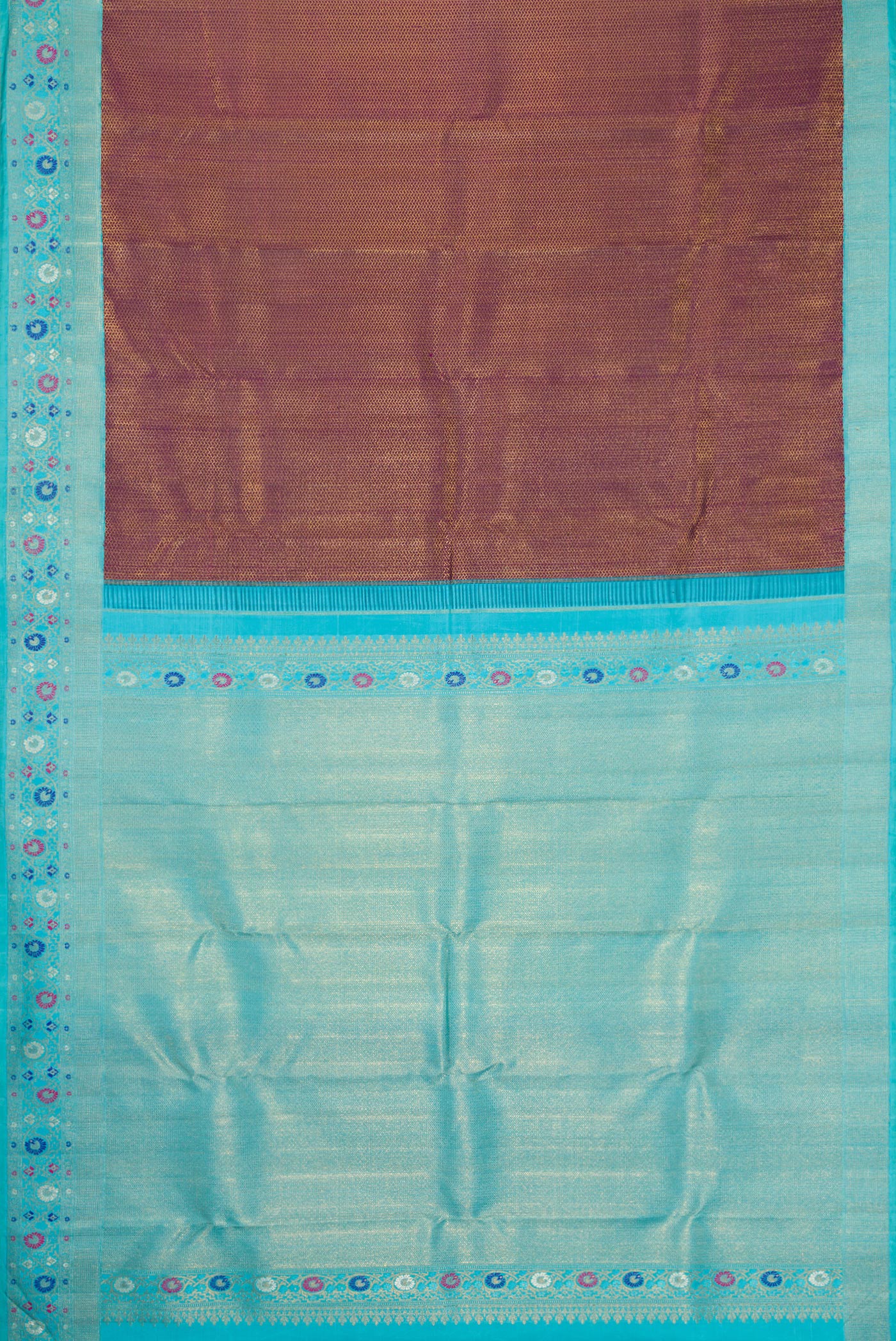 Flat view of Burgundy Dual Tone Kanjivaram Silk Saree with Zari Brocade on the body and Fancy Border. 