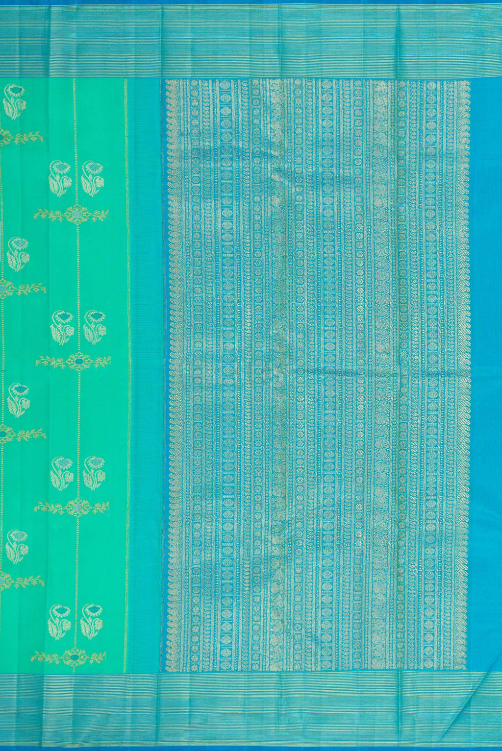 Close up image of the pallu of Pure Silk Pure Zari Sea Green Dual Tone Kanjivaram Saree with Zari Butta on the body and Zari Border. 
