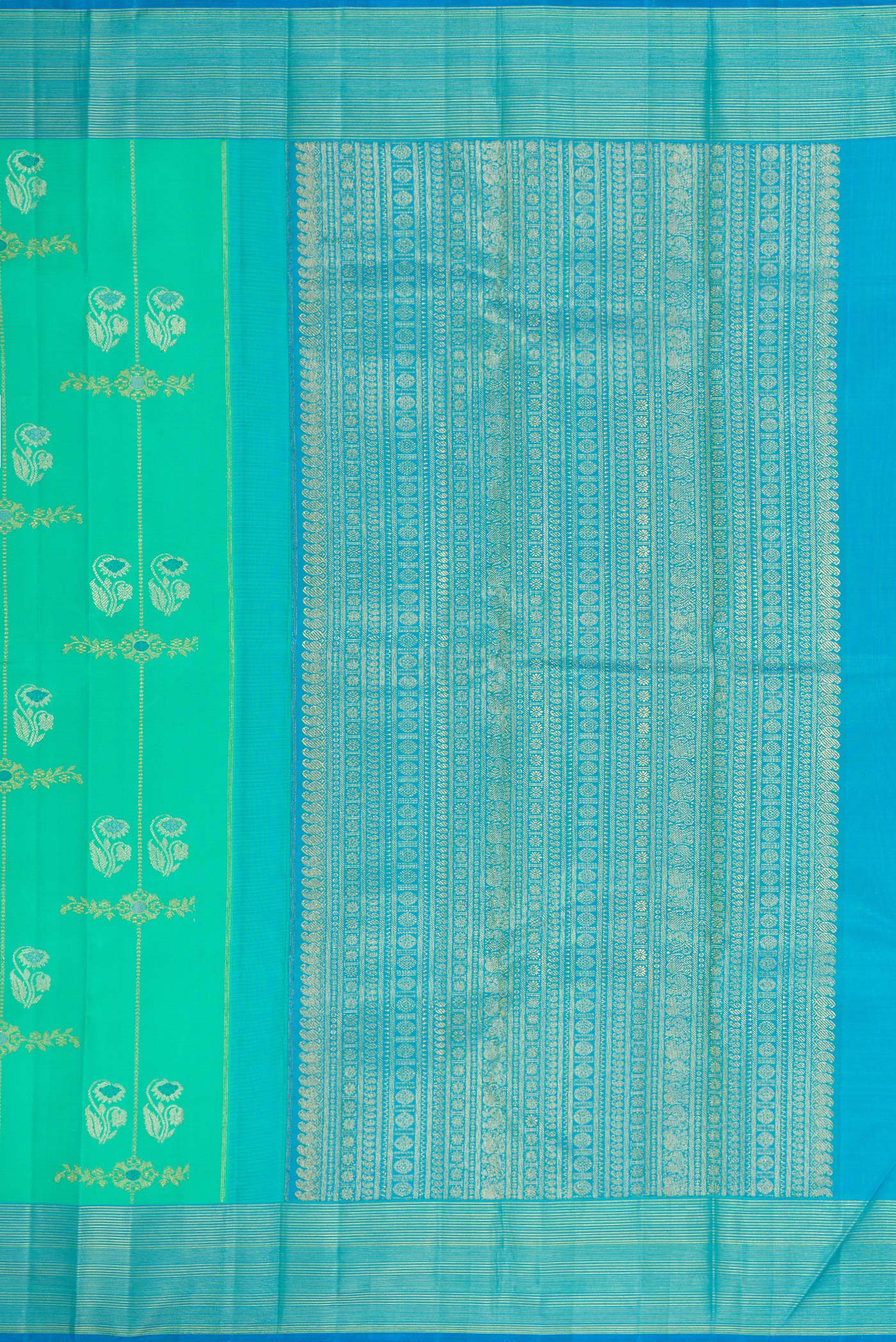 Close up image of the pallu of Pure Silk Pure Zari Sea Green Dual Tone Kanjivaram Saree with Zari Butta on the body and Zari Border. 