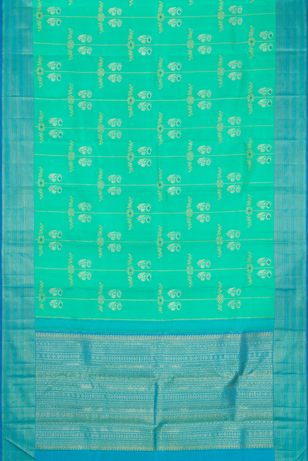 Flat view of Pure Silk Pure Zari Sea Green Dual Tone Kanjivaram Saree with Zari Butta on the body and Zari Border. 