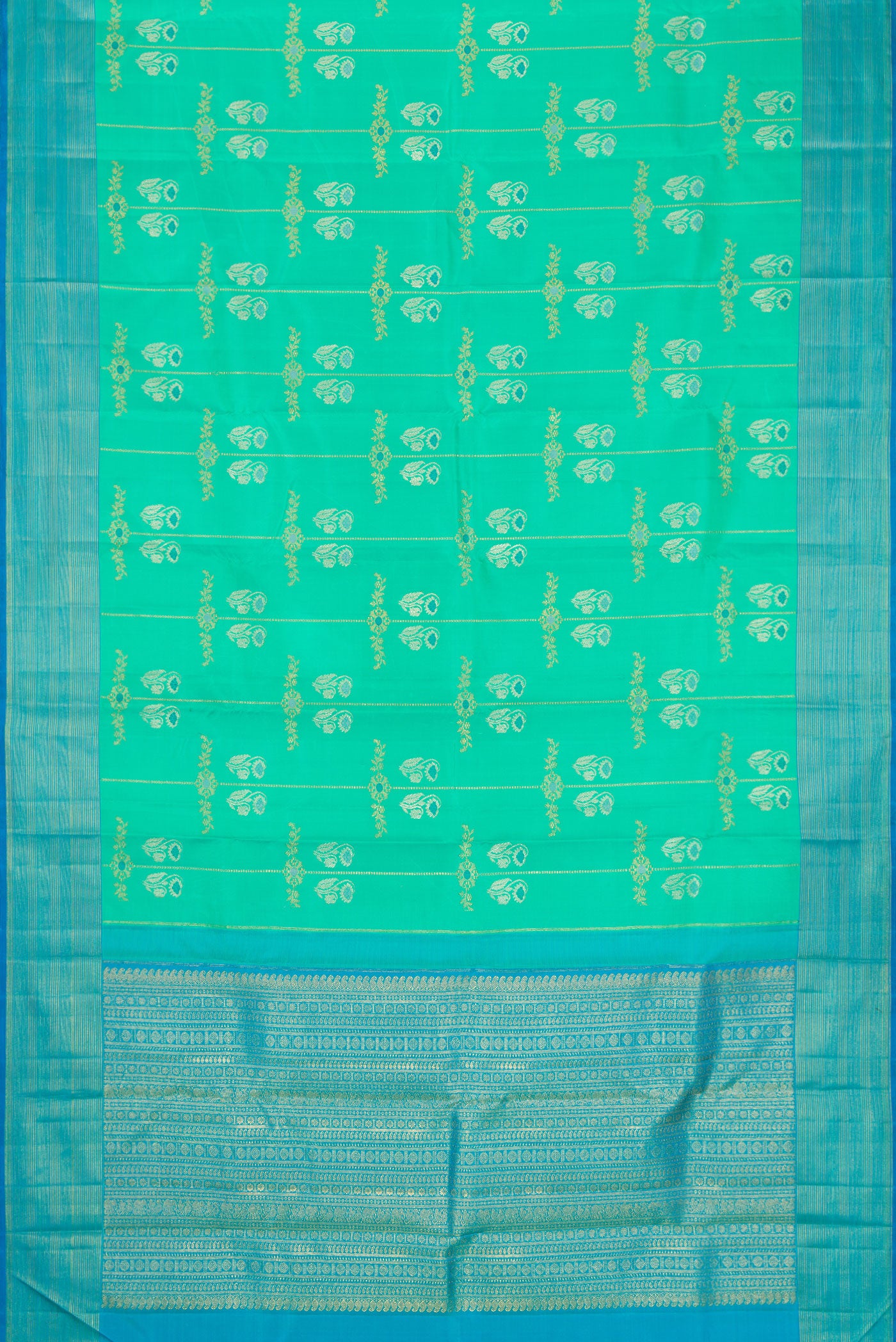Flat view of Pure Silk Pure Zari Sea Green Dual Tone Kanjivaram Saree with Zari Butta on the body and Zari Border. 