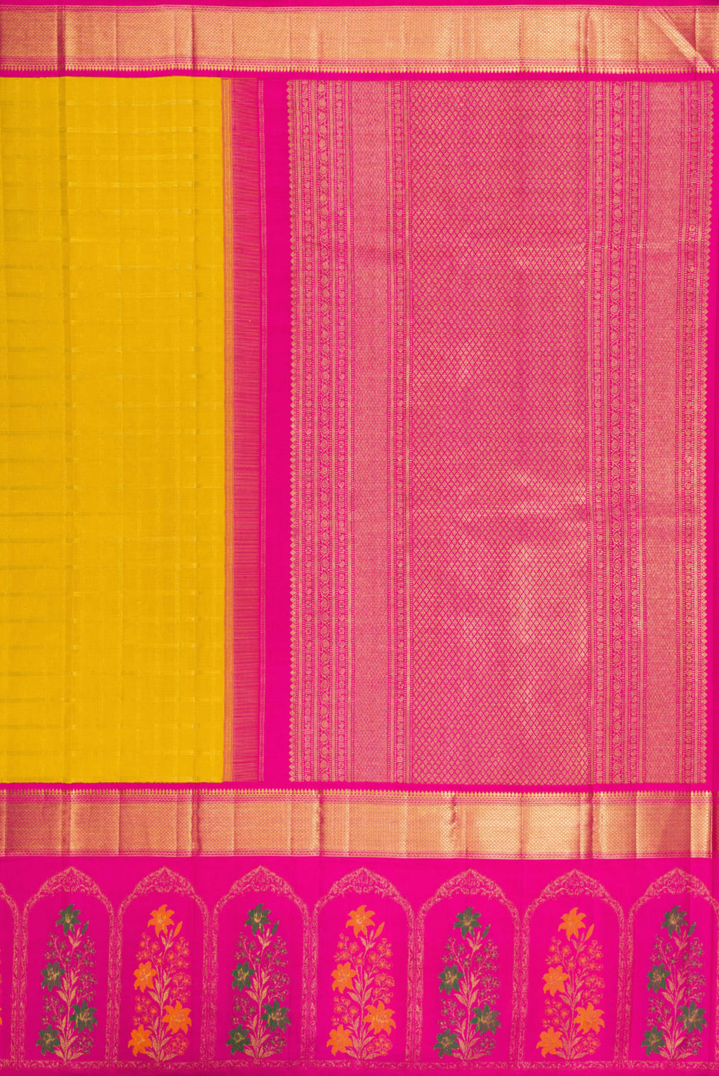 Close up image of the pallu of Yellow Kanjivaram Silk Saree with Checked design on the body and Fancy Border. 