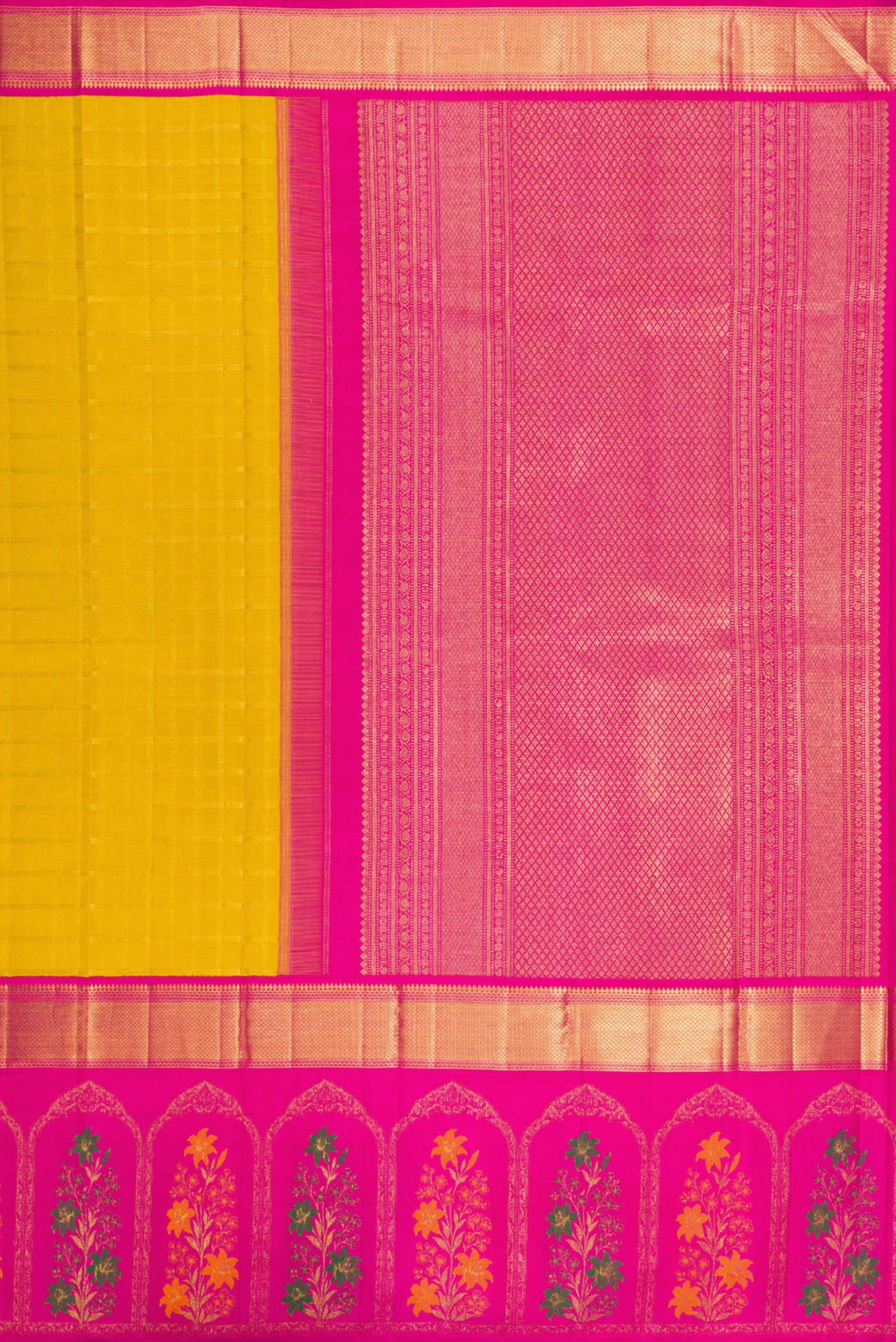 Close up image of the pallu of Yellow Kanjivaram Silk Saree with Checked design on the body and Fancy Border. 
