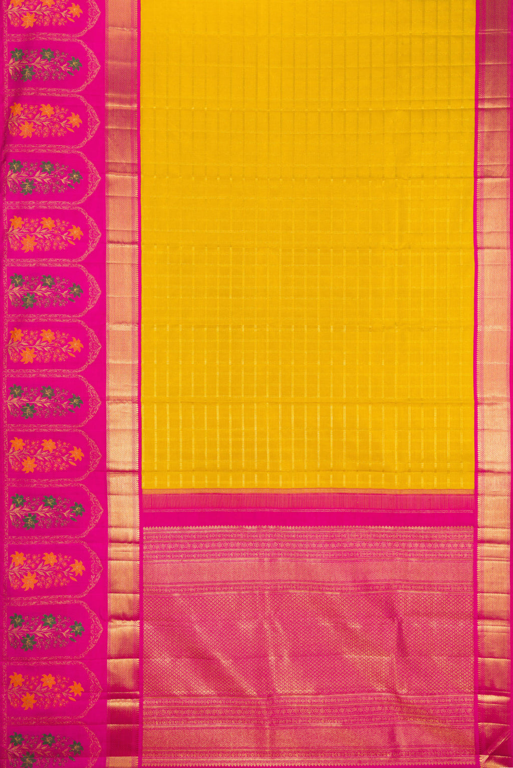 Flat view of Yellow Kanjivaram Silk Saree with Checked design on the body and Fancy Border. 