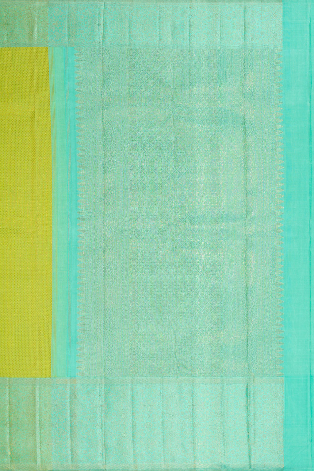 Close up image of the pallu of Parrot Green Dual Tone Kanchipuram Silk Saree with Zari Brocade on the body and Zari Border. 