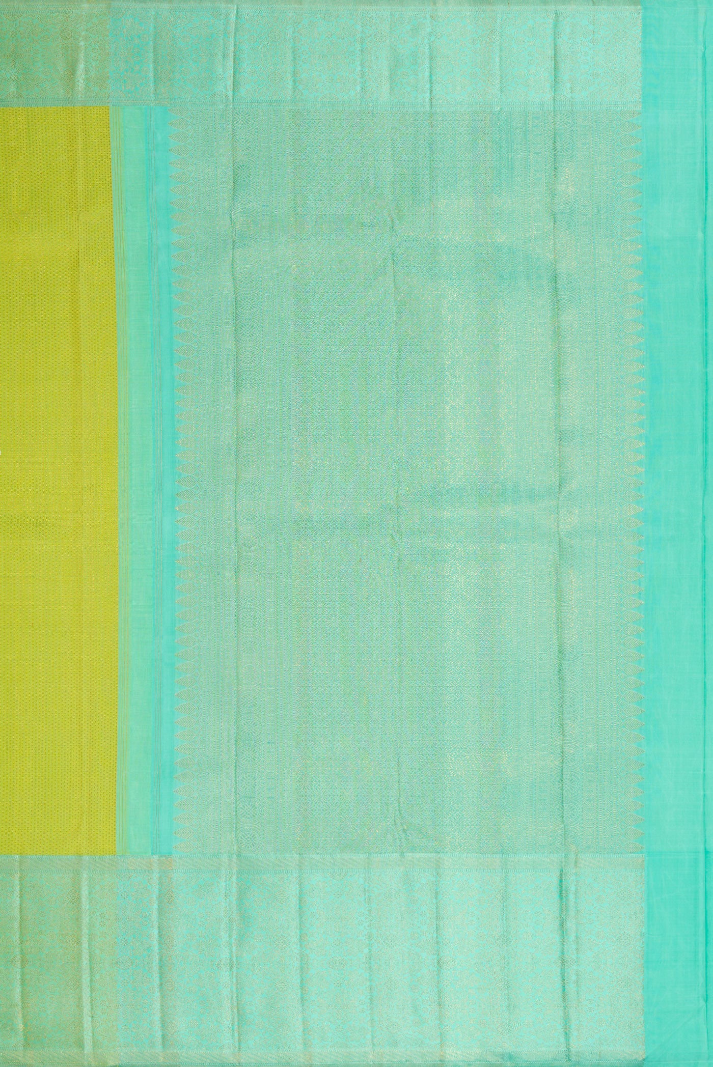 Close up image of the pallu of Parrot Green Dual Tone Kanchipuram Silk Saree with Zari Brocade on the body and Zari Border. 