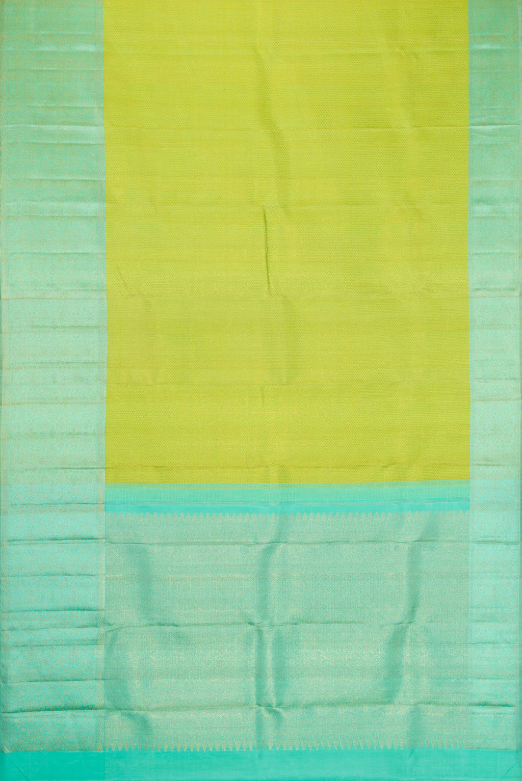 Flat view of Parrot Green Dual Tone Kanchipuram Silk Saree with Zari Brocade on the body and Zari Border. 