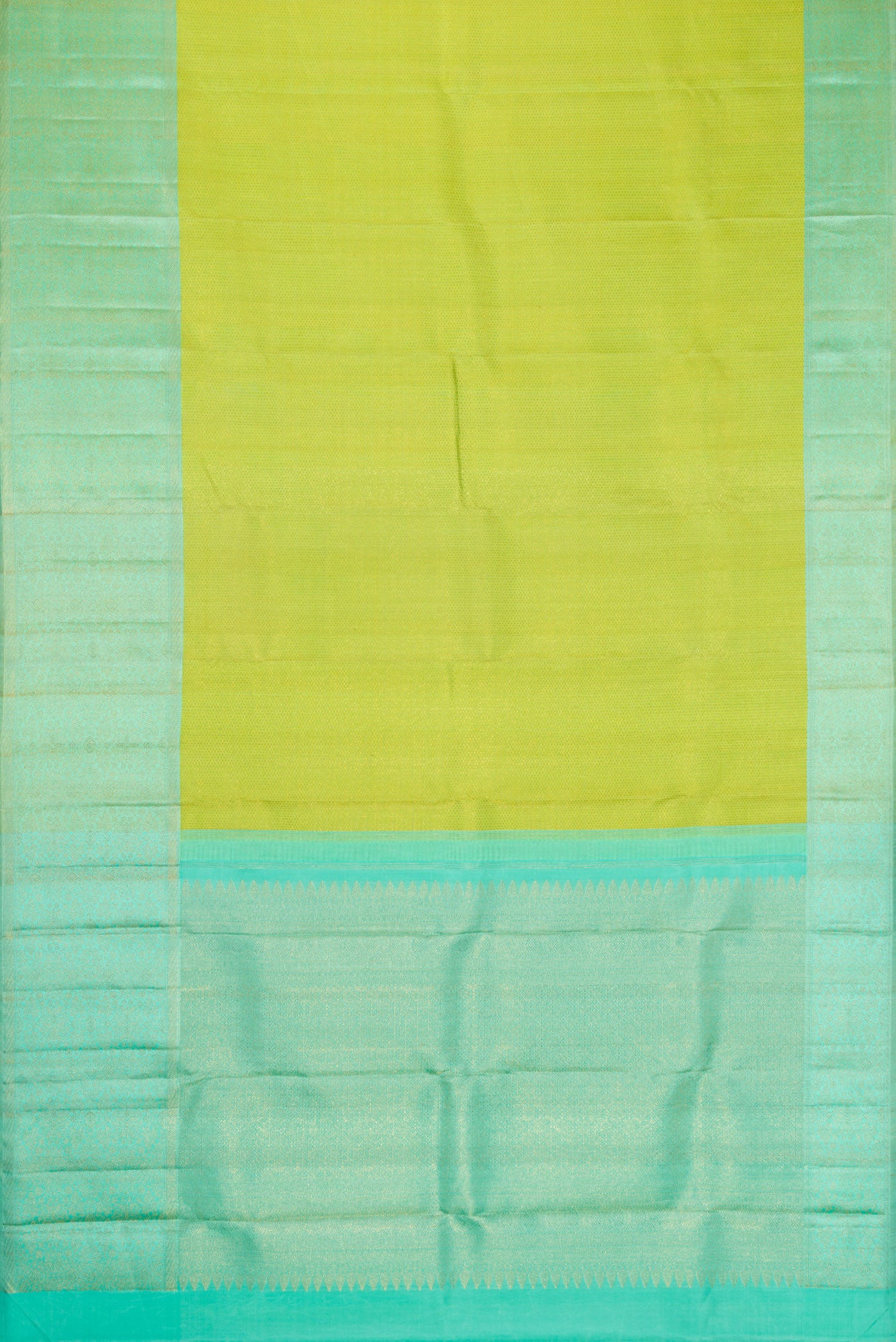 Flat view of Parrot Green Dual Tone Kanchipuram Silk Saree with Zari Brocade on the body and Zari Border. 