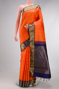 Pure Silk Pure Zari Orange Dual Tone Kanchipuram Saree with Checked design on the body and Zari Border.  displayed on a mannequin