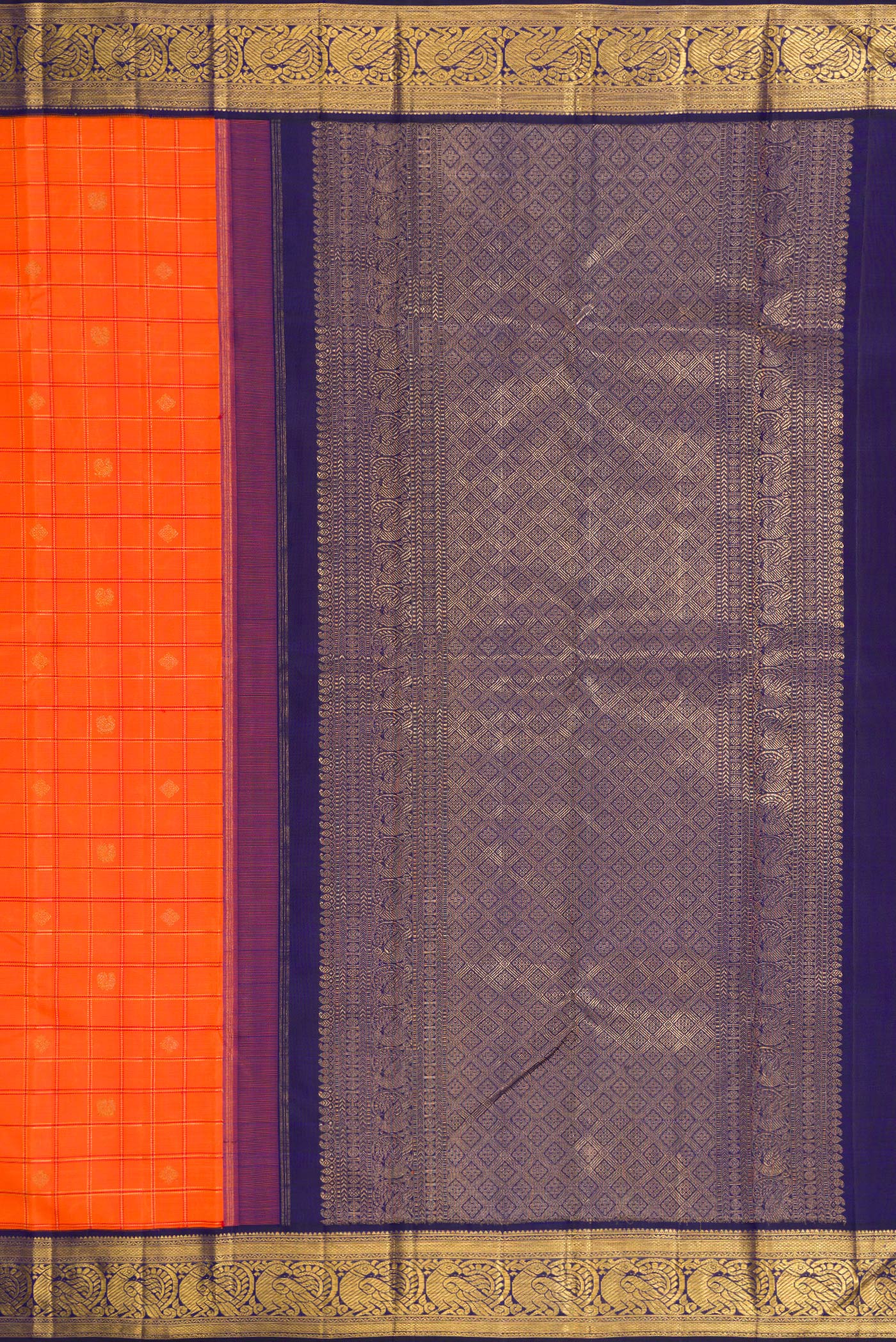Close up image of the pallu of Pure Silk Pure Zari Orange Dual Tone Kanchipuram Saree with Checked design on the body and Zari Border. 