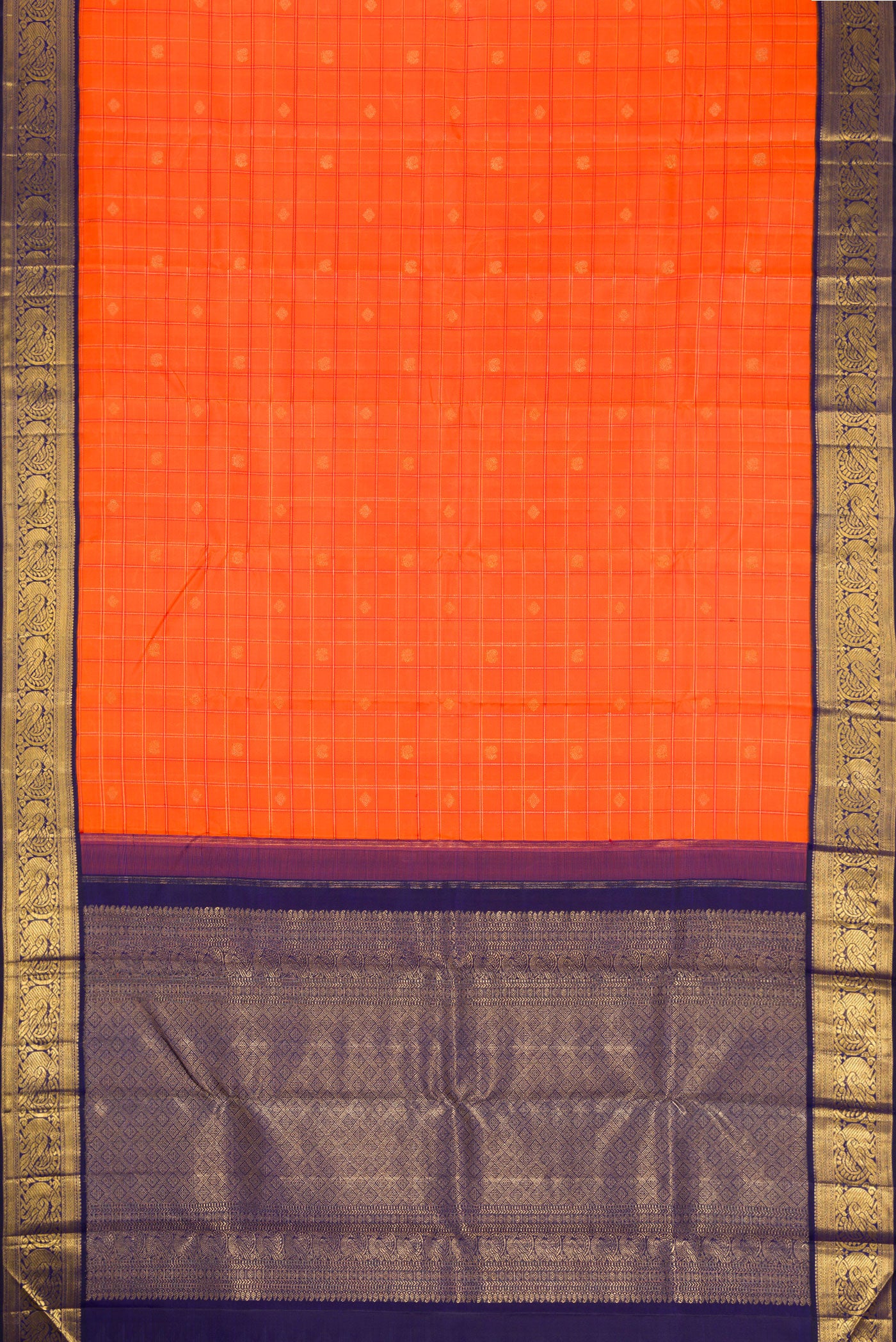 Flat view of Pure Silk Pure Zari Orange Dual Tone Kanchipuram Saree with Checked design on the body and Zari Border. 