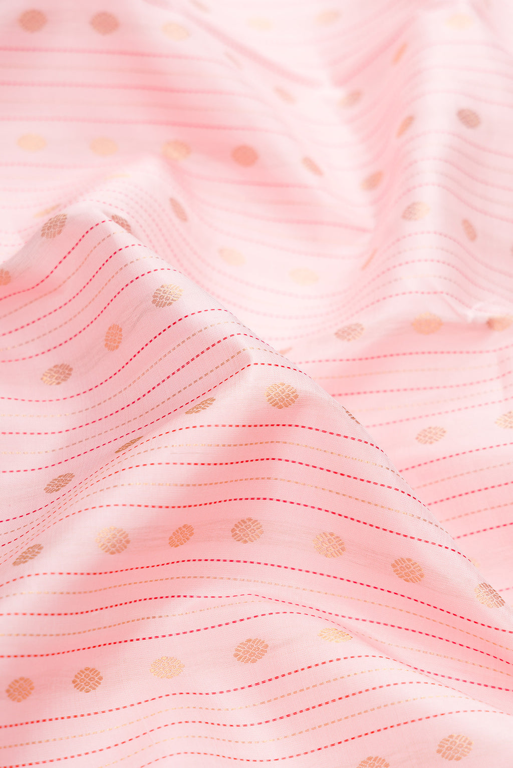 Close up of Pure Silk Pure Zari Pink Dual Tone Kanchipuram Saree with Stripes on the body and Zari Border.  displaying folds