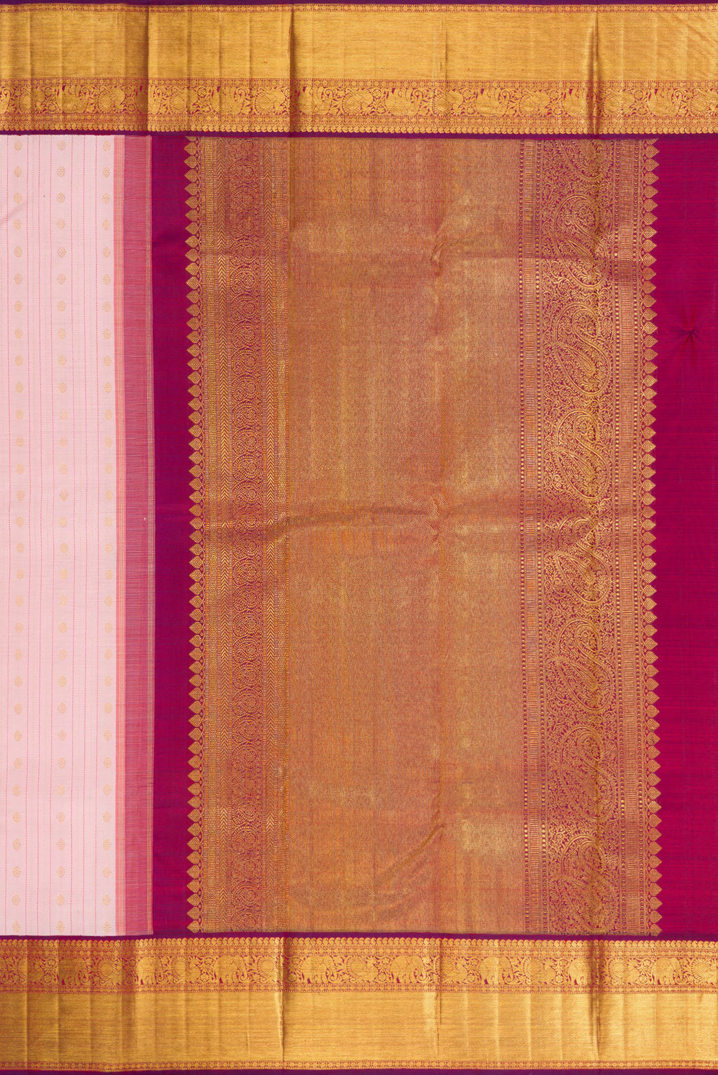Close up image of the pallu of Pure Silk Pure Zari Pink Dual Tone Kanchipuram Saree with Stripes on the body and Zari Border. 