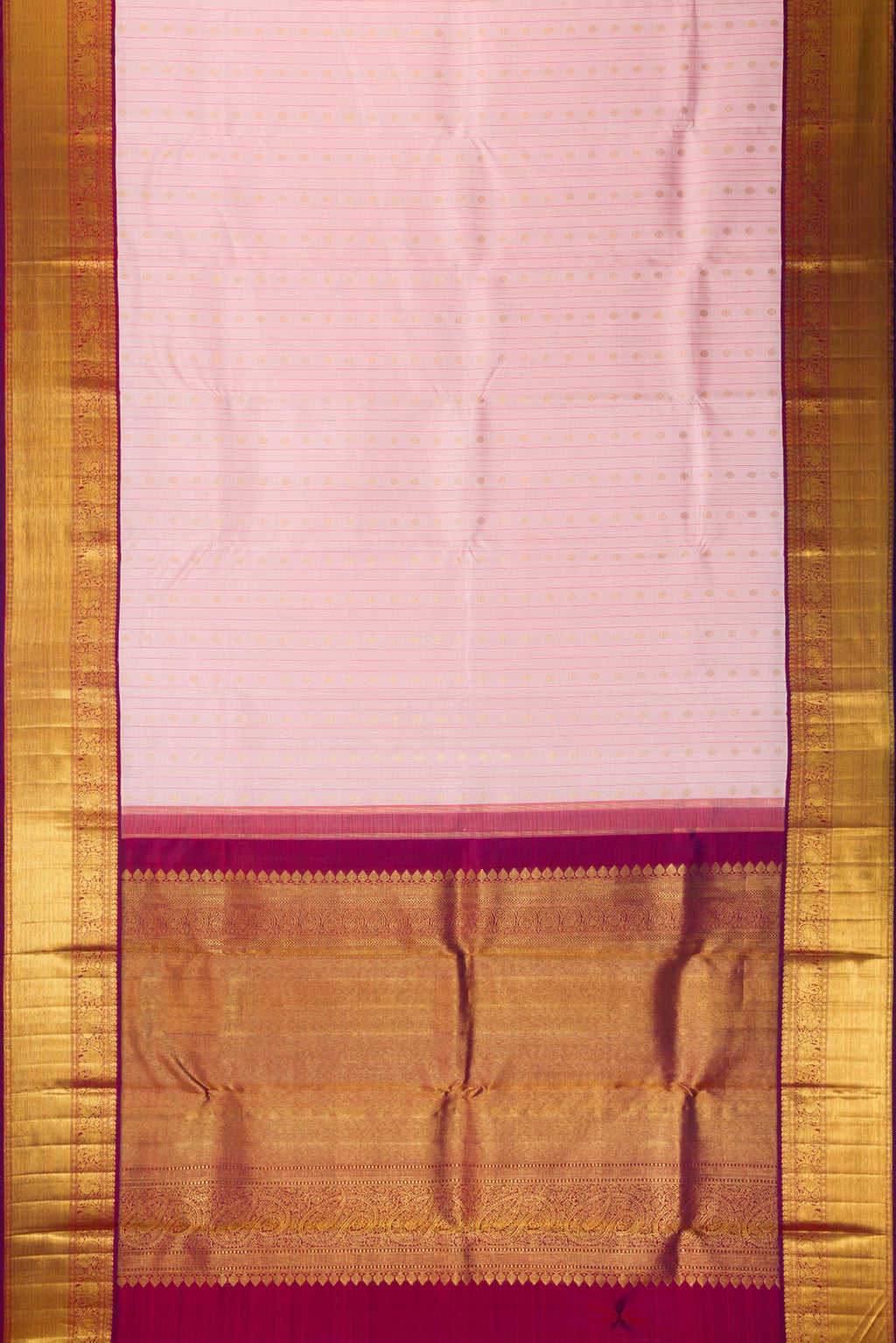 Flat view of Pure Silk Pure Zari Pink Dual Tone Kanchipuram Saree with Stripes on the body and Zari Border. 