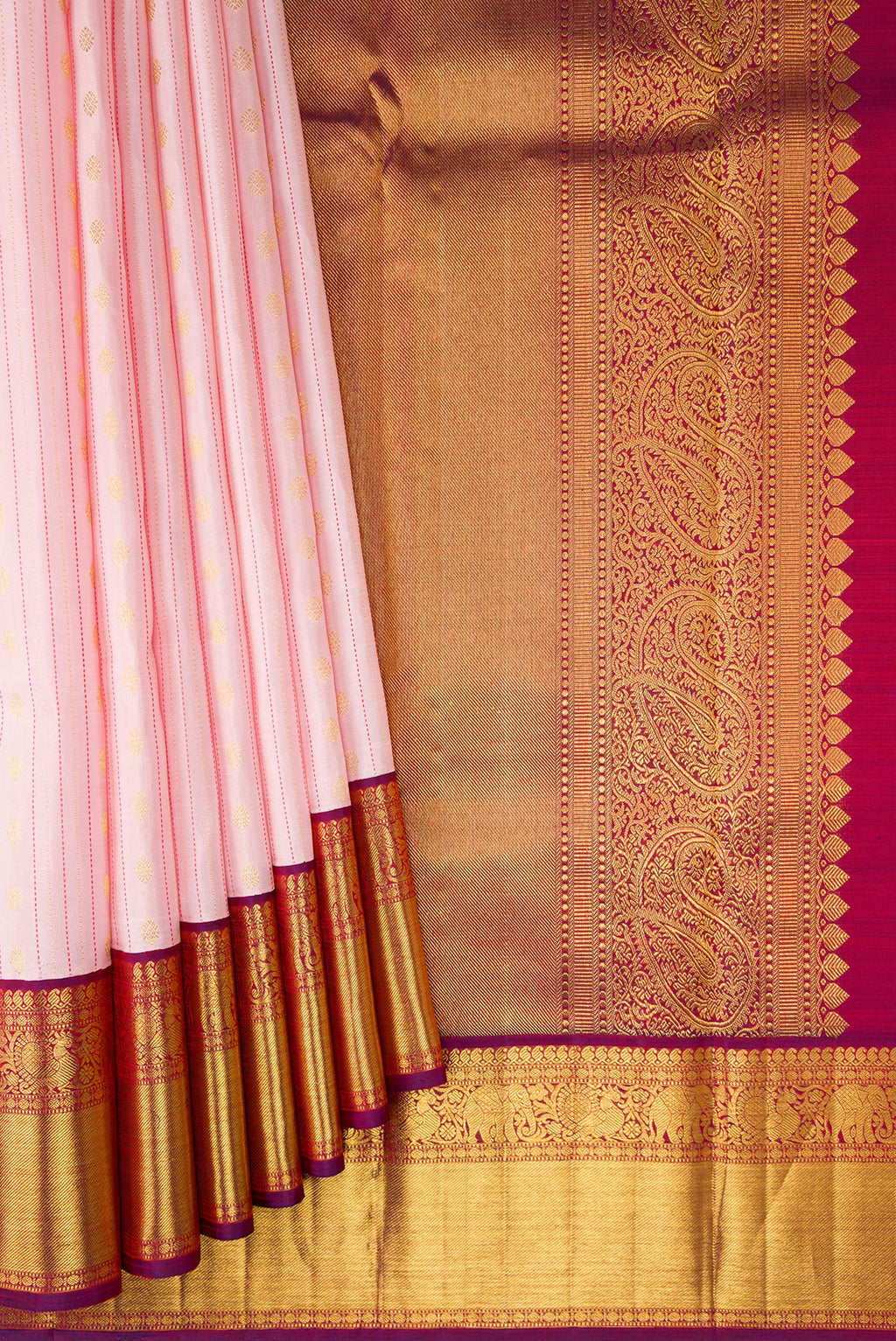 Pleats and pallu of Pure Silk Pure Zari Pink Dual Tone Kanchipuram Saree with Stripes on the body and Zari Border. 