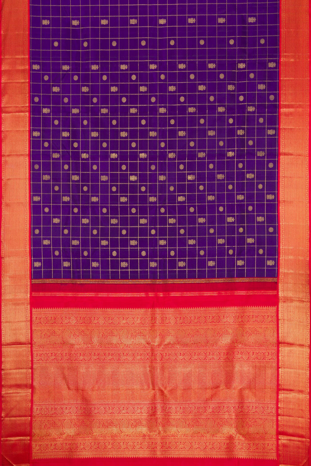 Flat view of Pure Silk Pure Zari Violet Dual Tone Kanjivaram Saree with Checked design on the body and Zari Border. 